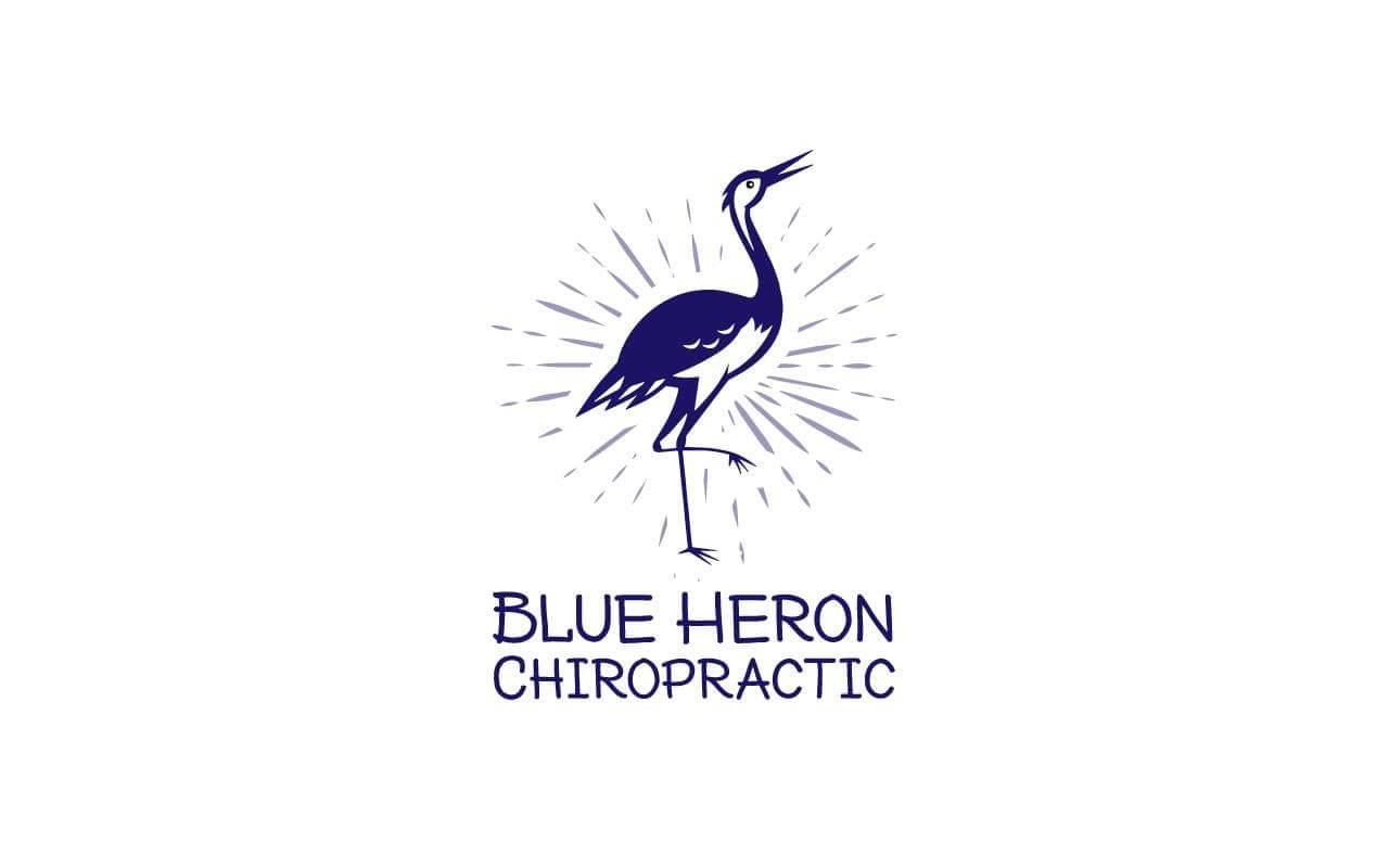 Three variations of a minimalist blue heron logo design for chiropractic business branding.