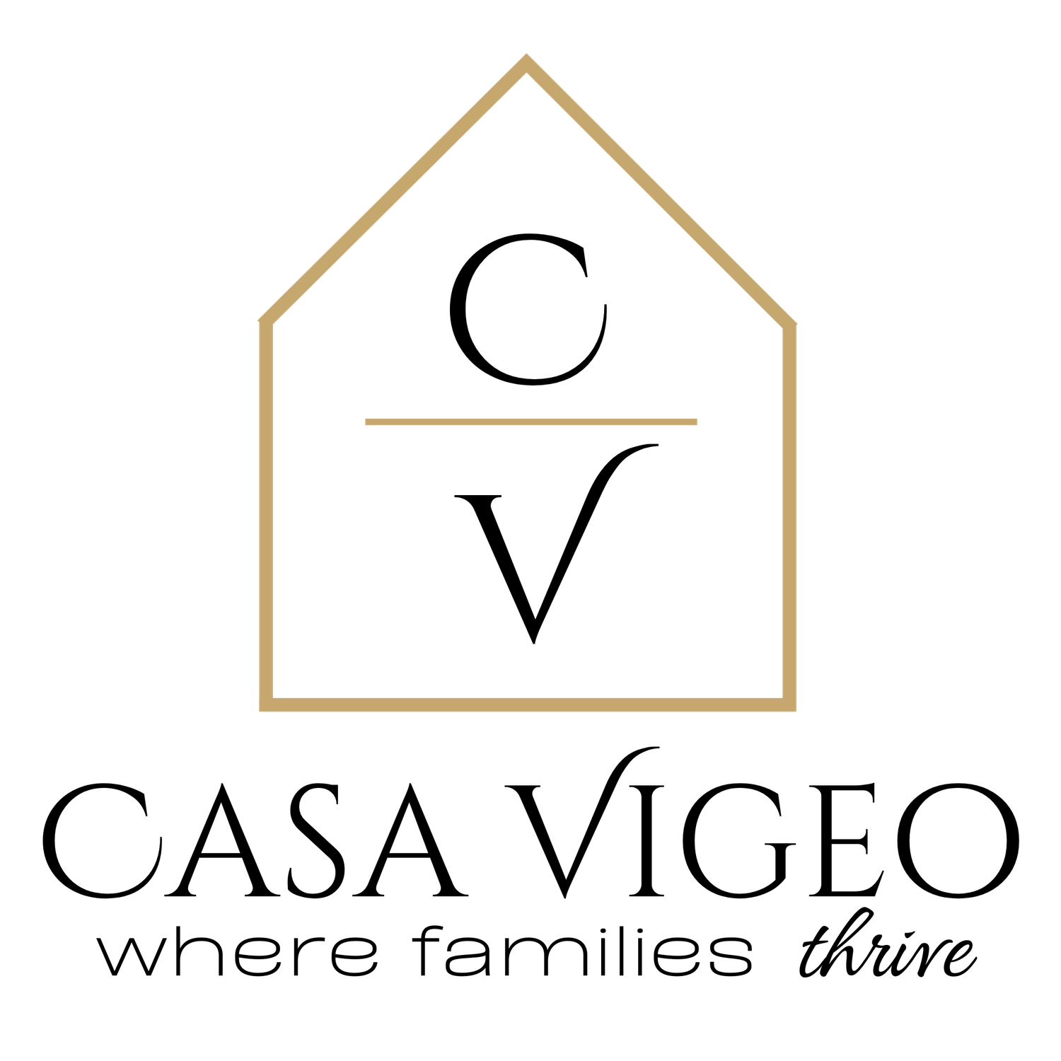 Logo design showing Casa Vigeo brand name with tagline 'where families thrive' and geometric house icon in brown and black.