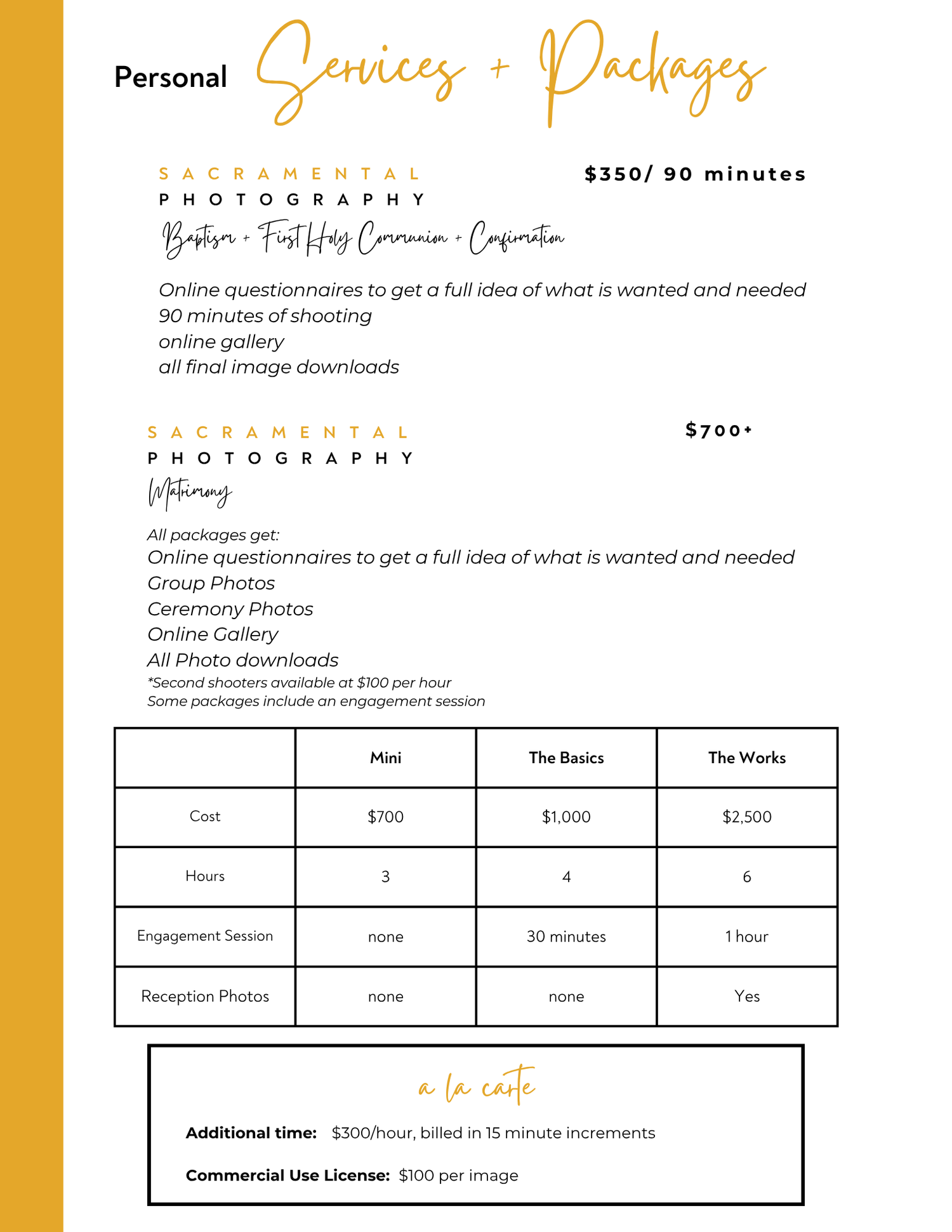 A photography pricing menu showing service packages and rates in orange and black text on a white background.