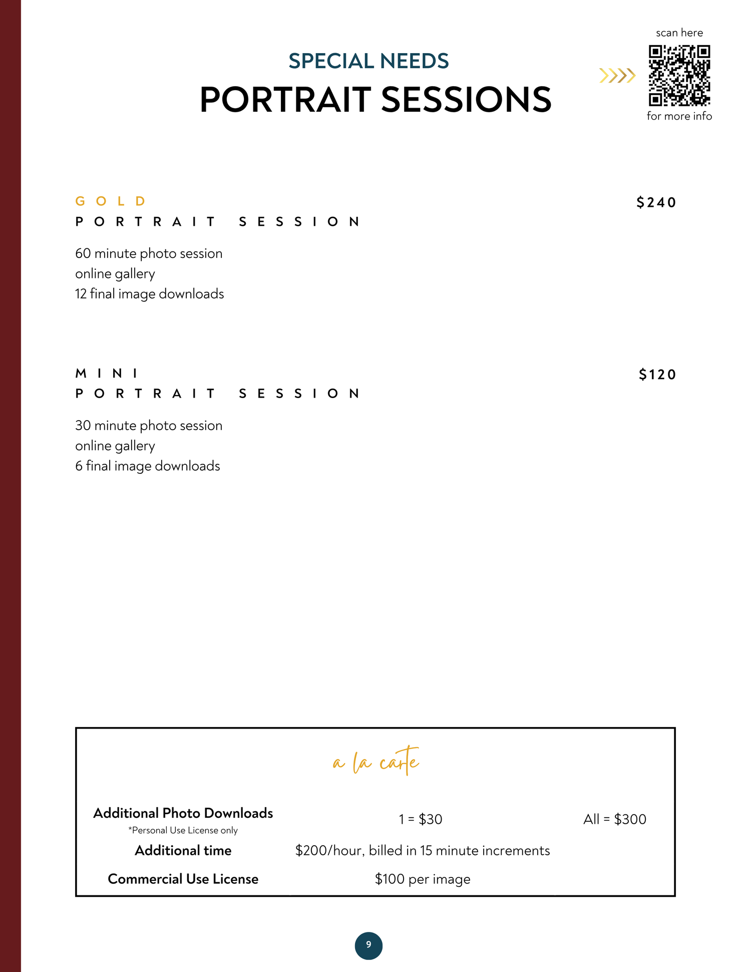 Special needs portrait session pricing guide showing Gold at $240 and Mini at $120, with a la carte options listed.