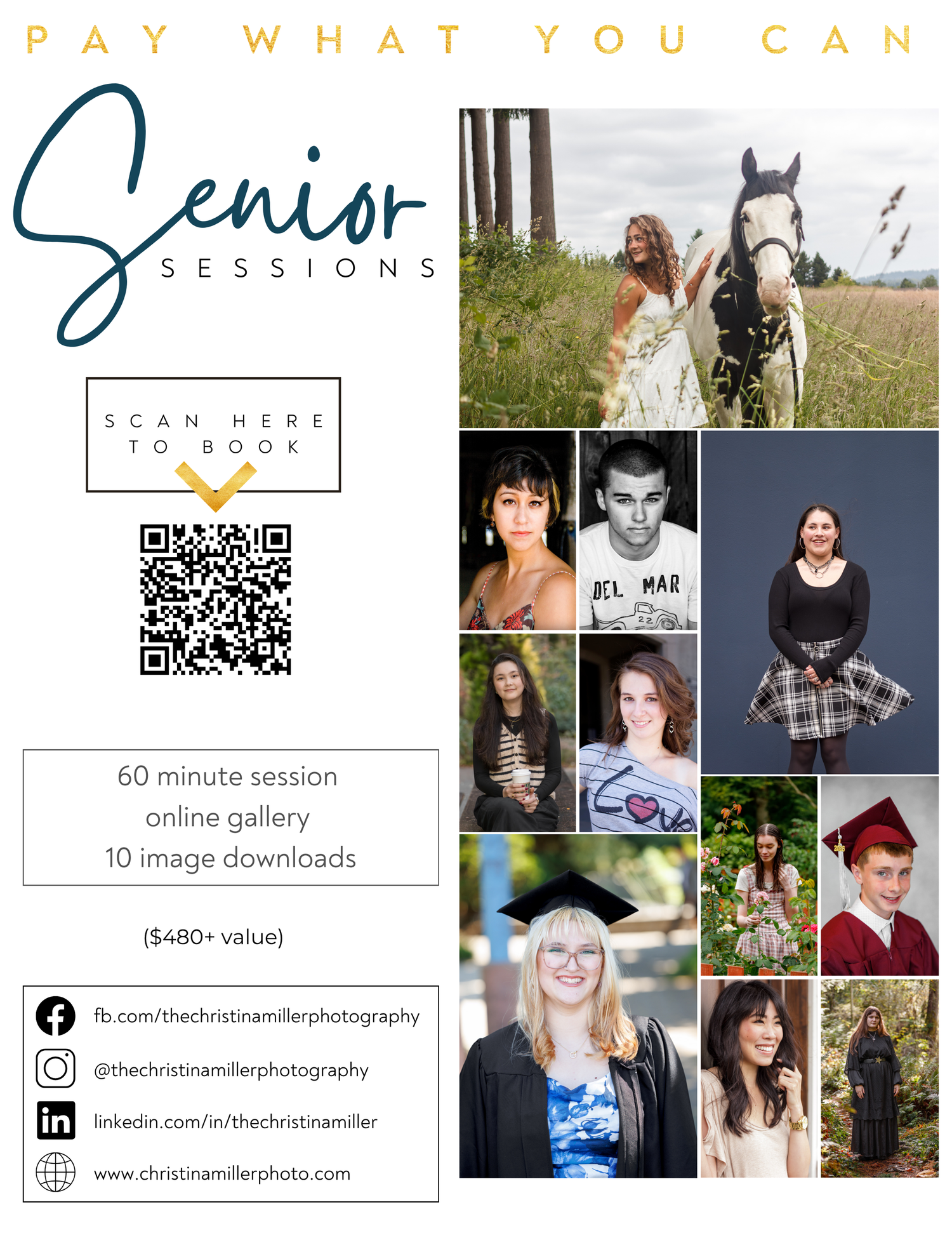 Promotional flyer for pay-what-you-can senior photo sessions featuring multiple student portraits, QR code booking, and social media links.