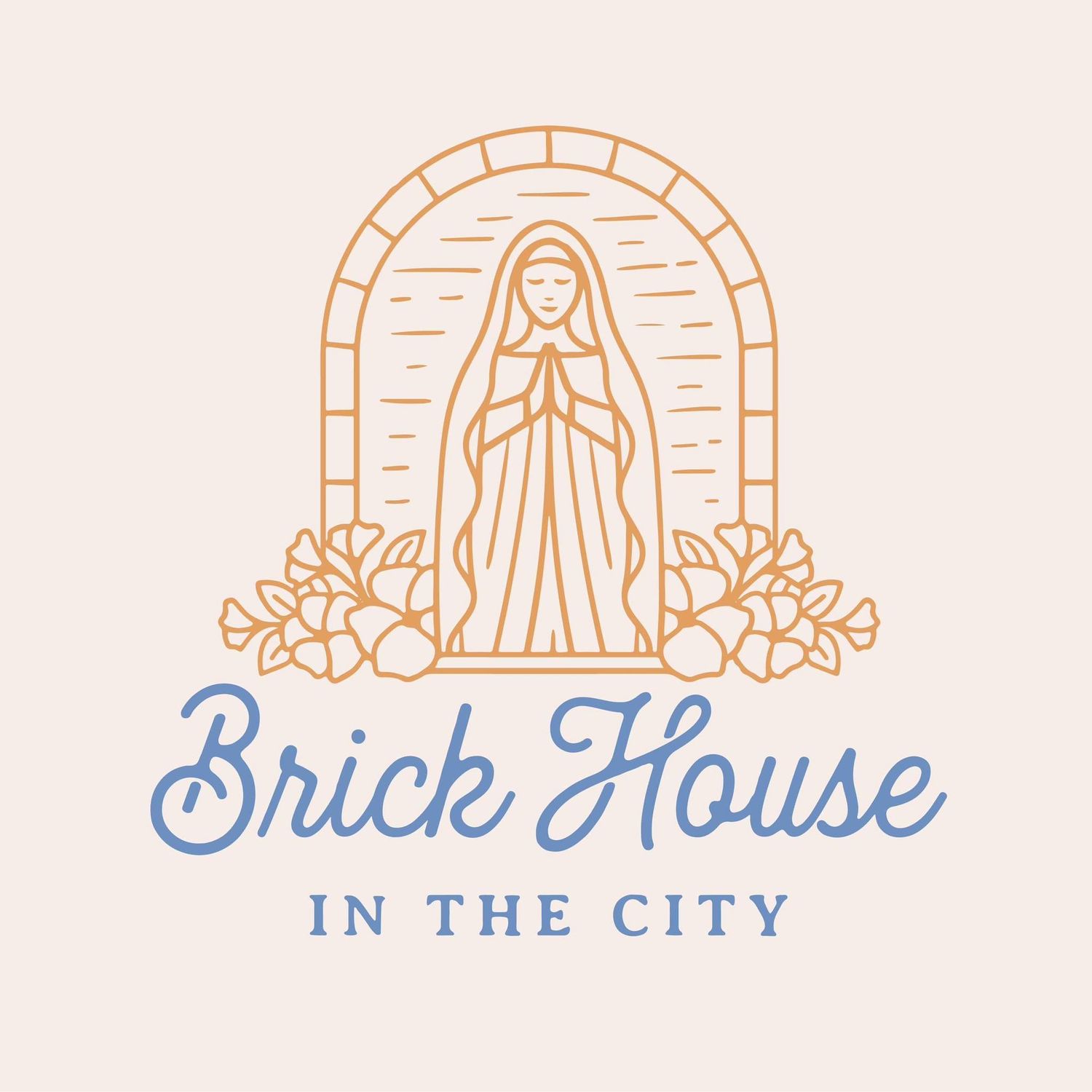 Line art logo design of Virgin Mary in an archway with flowers and 'Brick House in the City' text.