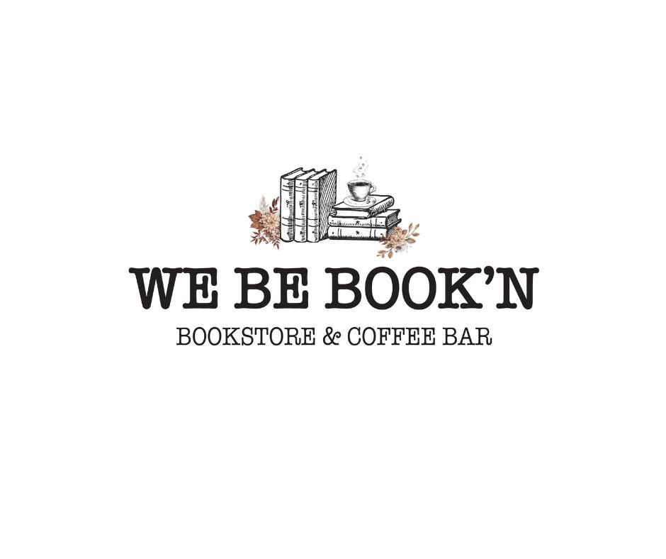 A minimalist logo design for 'WE BE BOOK'N' bookstore and coffee bar featuring stacked books and coffee cup illustrations.