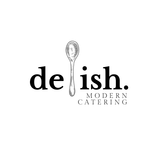 Minimalist logo for deish modern catering with a silver spoon illustration replacing the letter i.