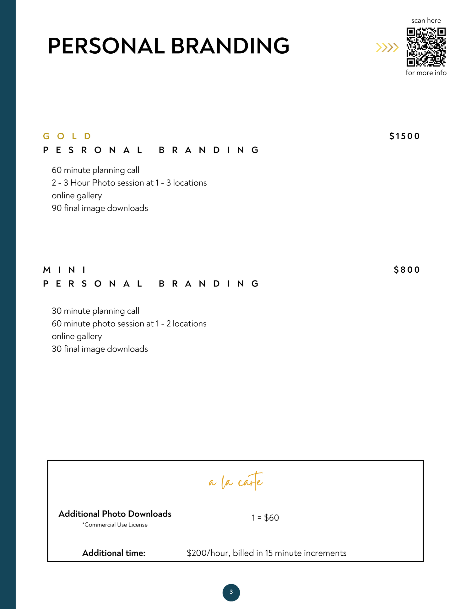 Personal branding photography pricing guide showing Gold at $1500 and Mini at $800 packages with a la carte options.