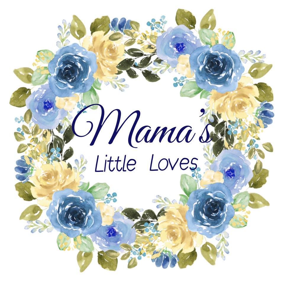 Floral wreath with blue and cream roses surrounding 'Mama's Little Loves' text.