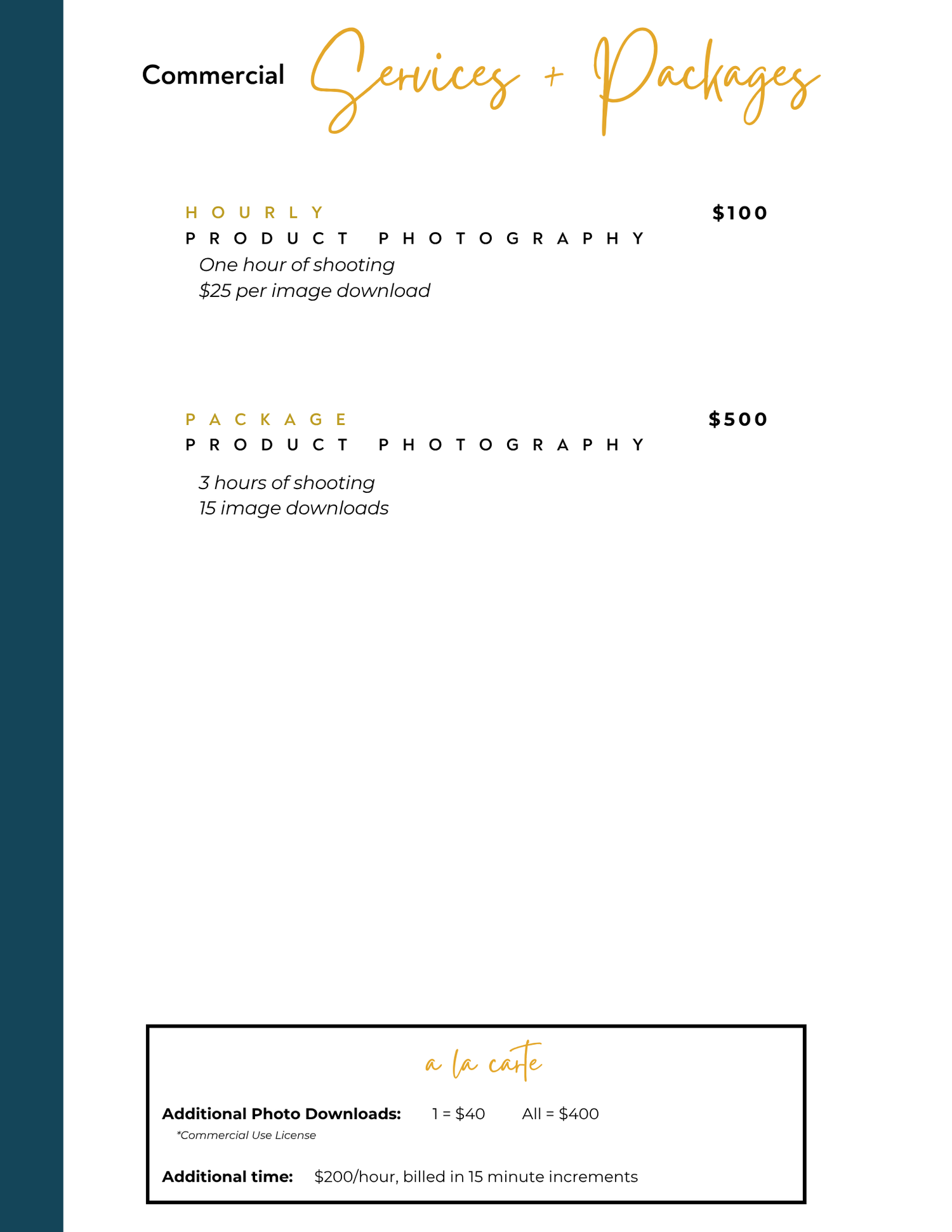 A professional pricing guide layout showing commercial photography packages and rates against a dark teal background.