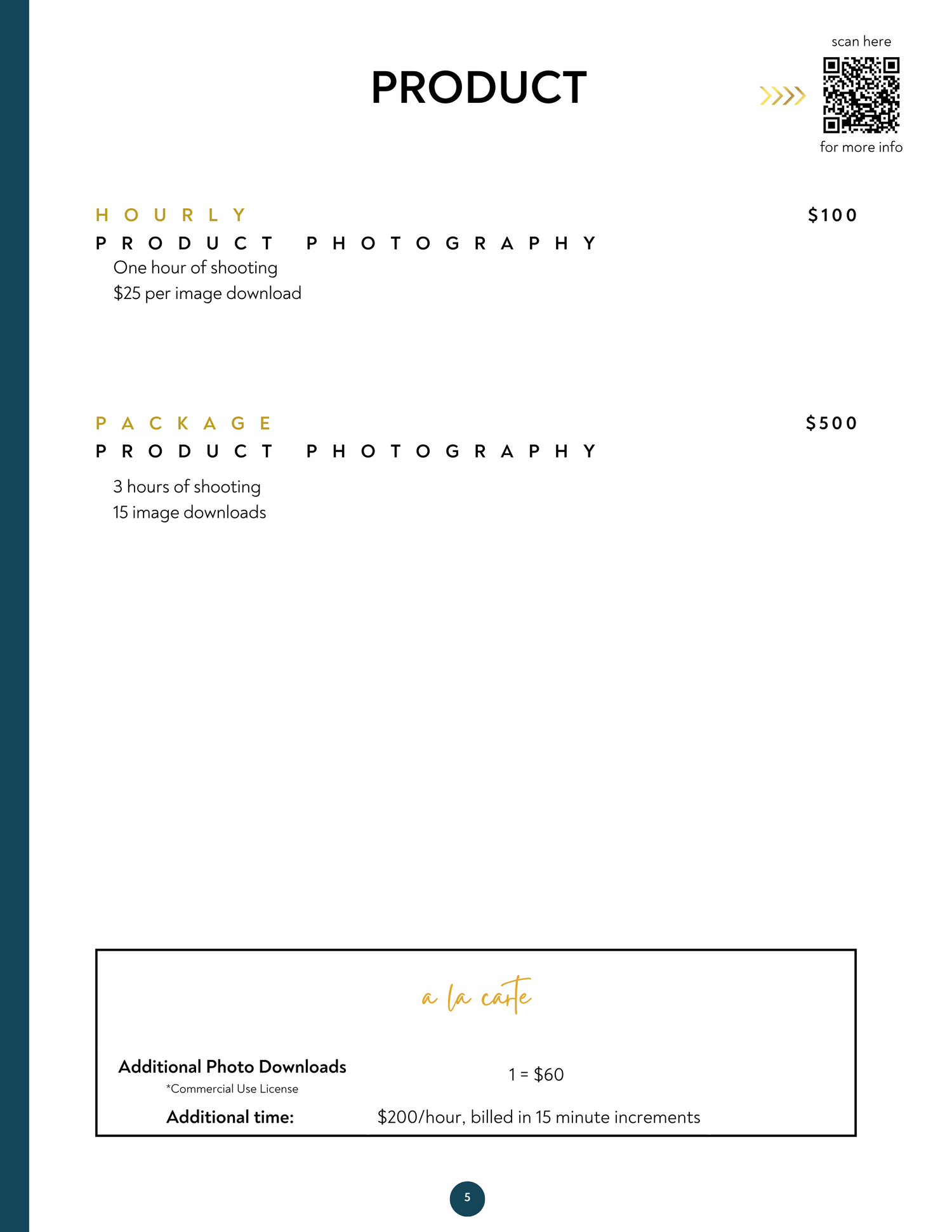 Product photography pricing sheet showing hourly at $100 and package at $500 with a la carte options.