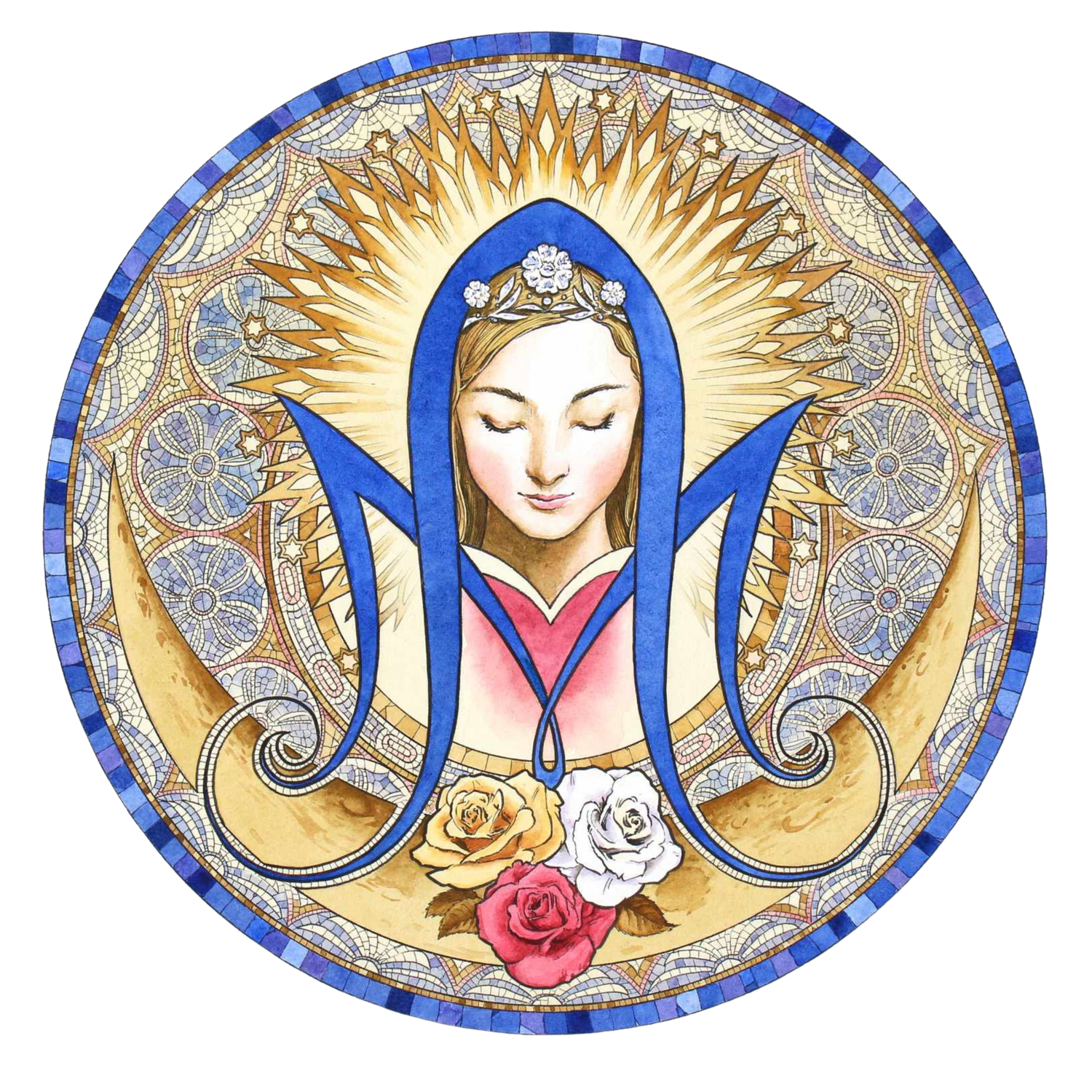 Decorative spiritual artwork with feminine figure surrounded by golden rays and roses.