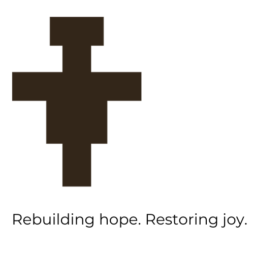 Minimalist brown tau cross with 'Rebuilding hope. Restoring joy.' text below.