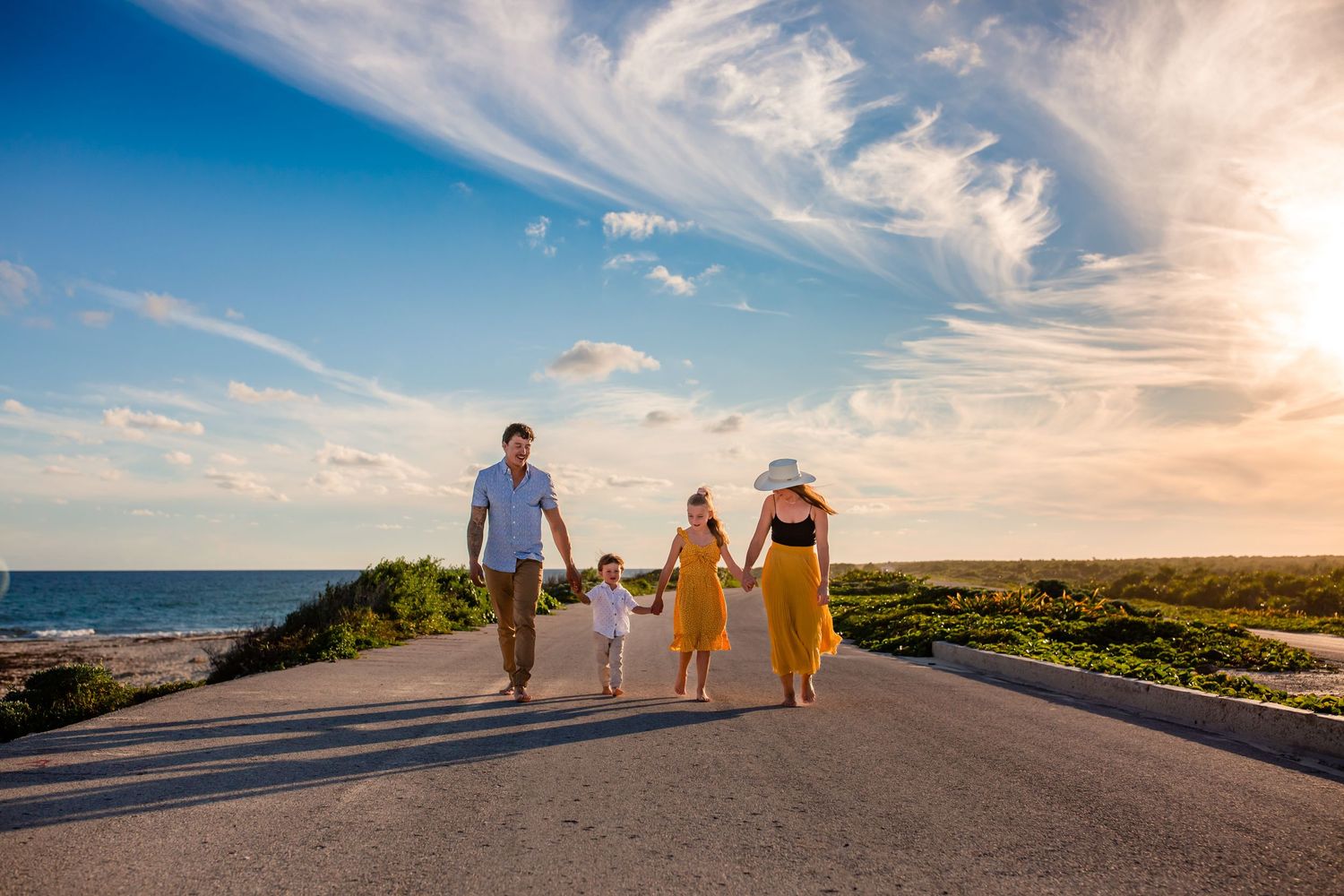 Sunset family photography session near a Cozumel hotel or resort