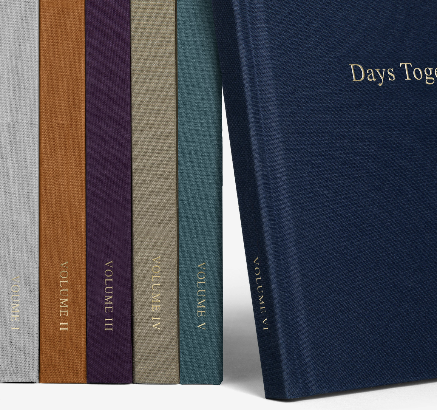 Row of hardcover books arranged on a shelf showing spines in various shades of blue, brown and gray.