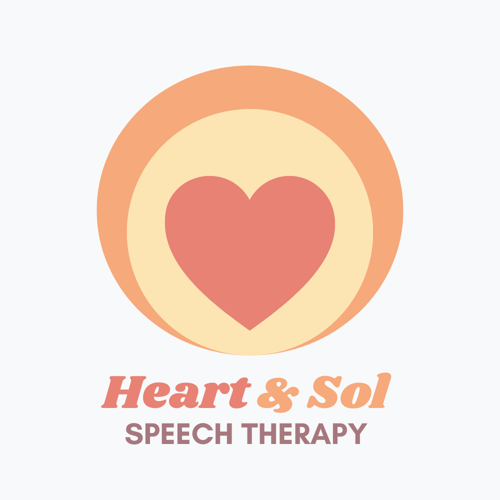 Three circular logo designs in peach and coral colors featuring heart shapes and text for speech therapy services.