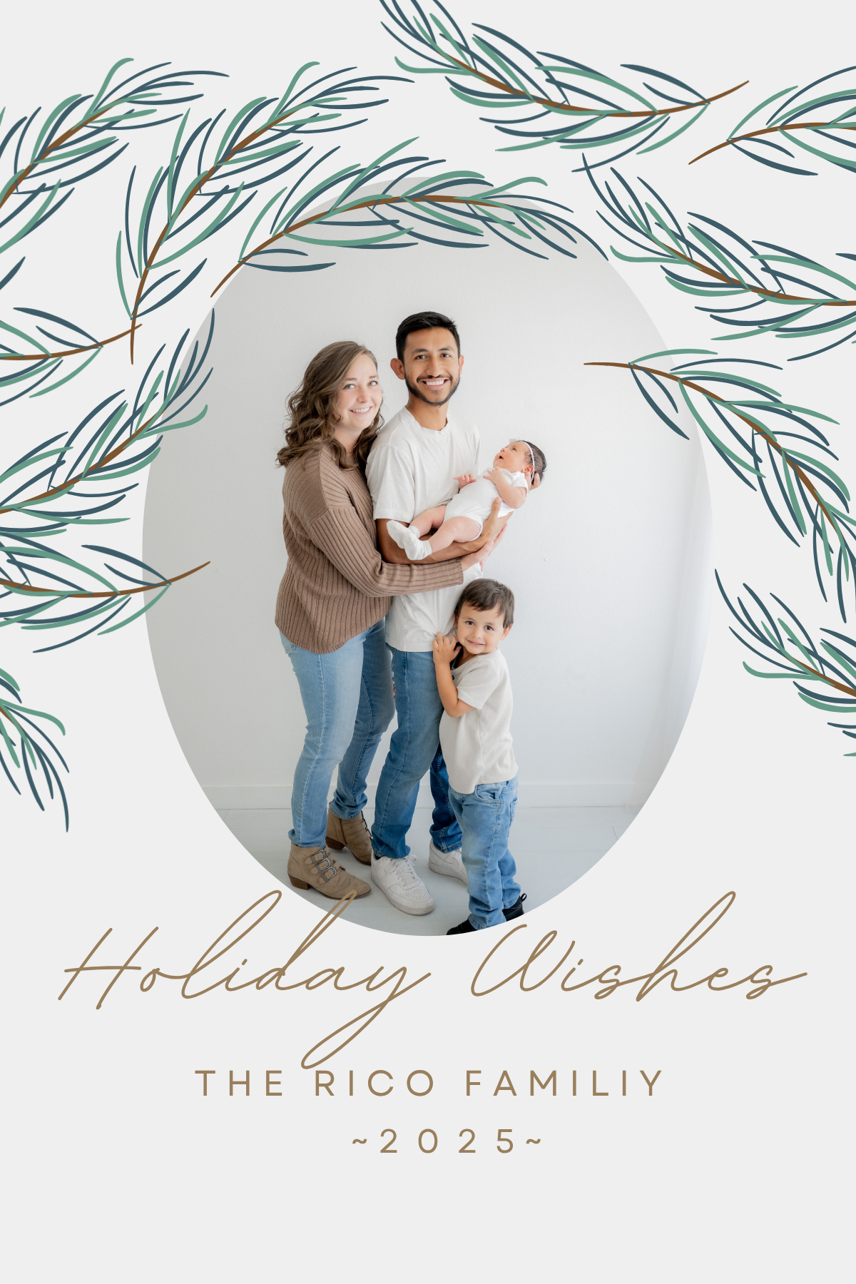 Elegant holiday card design with green pine branches framing a family portrait in an oval shape against a white background.