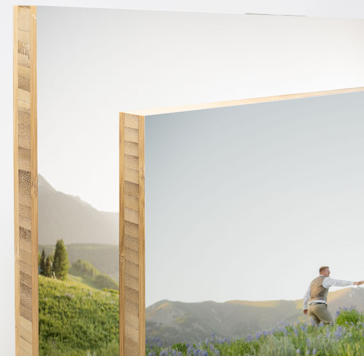 A sequence of wooden frames in a grassy field creates a visual progression against a mountainous landscape.