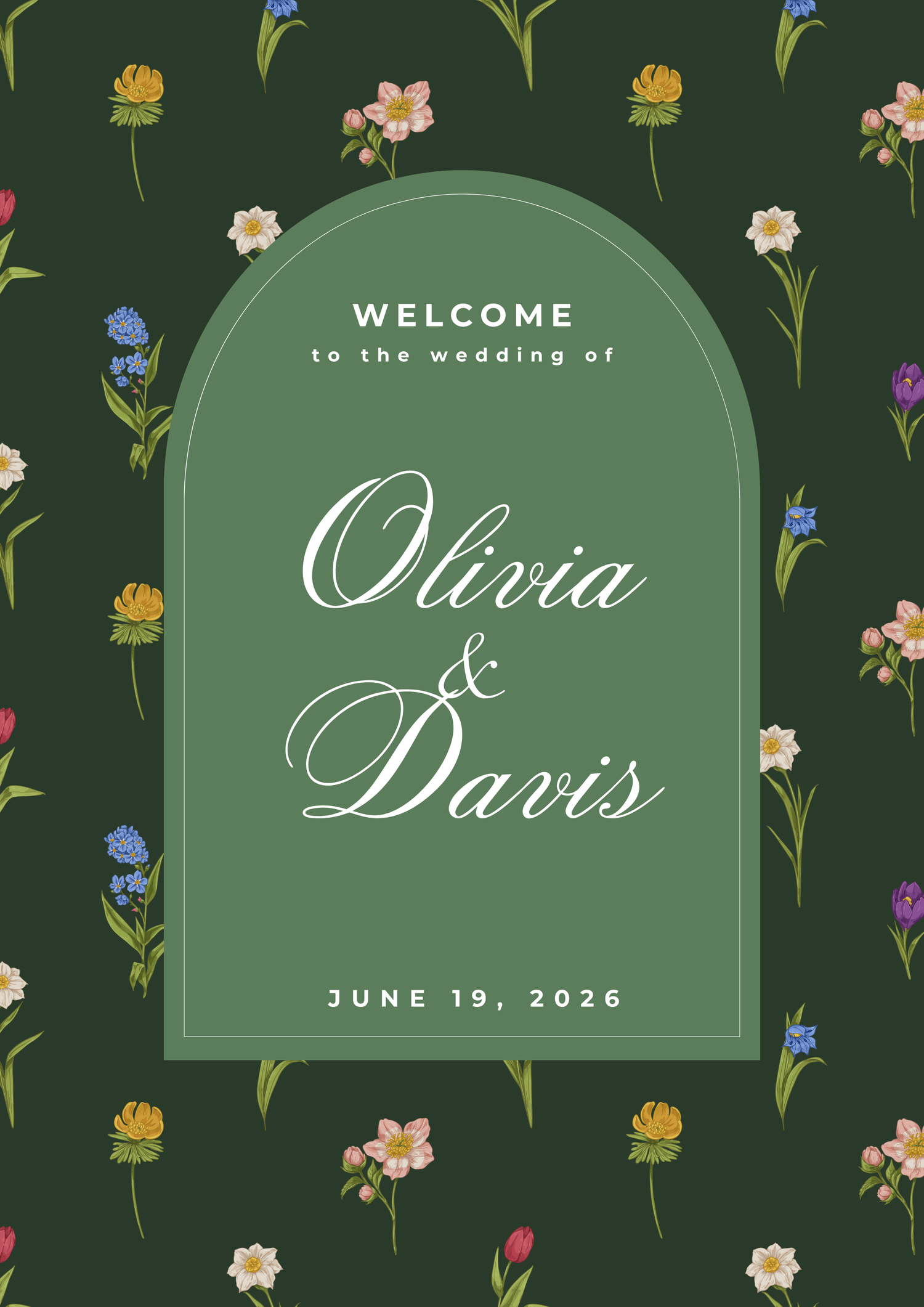 Elegant wedding welcome sign design with floral pattern on dark green background and classic script typography.