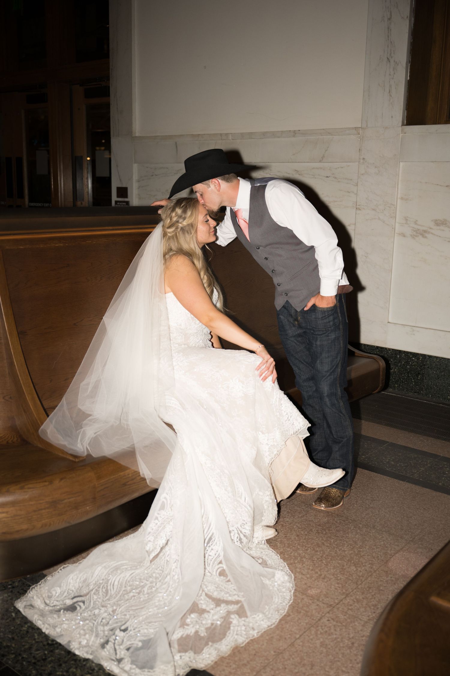 A romantic dip dance sequence between newlyweds in formal wedding attire captured in multiple sequential photos.