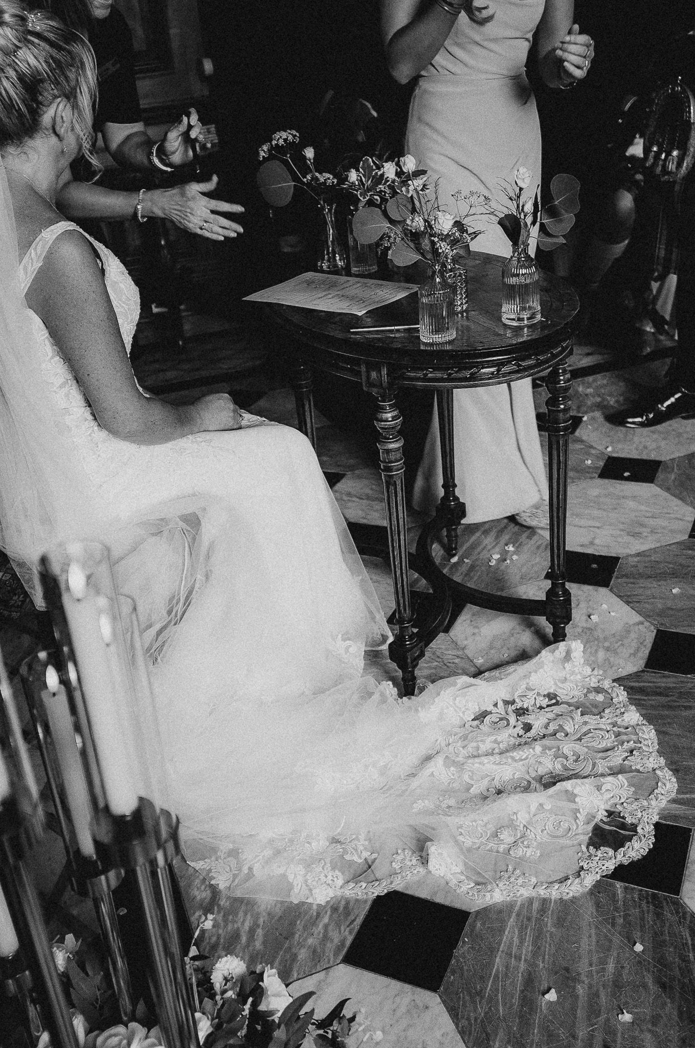 Classic black and white wedding portrait of the bride