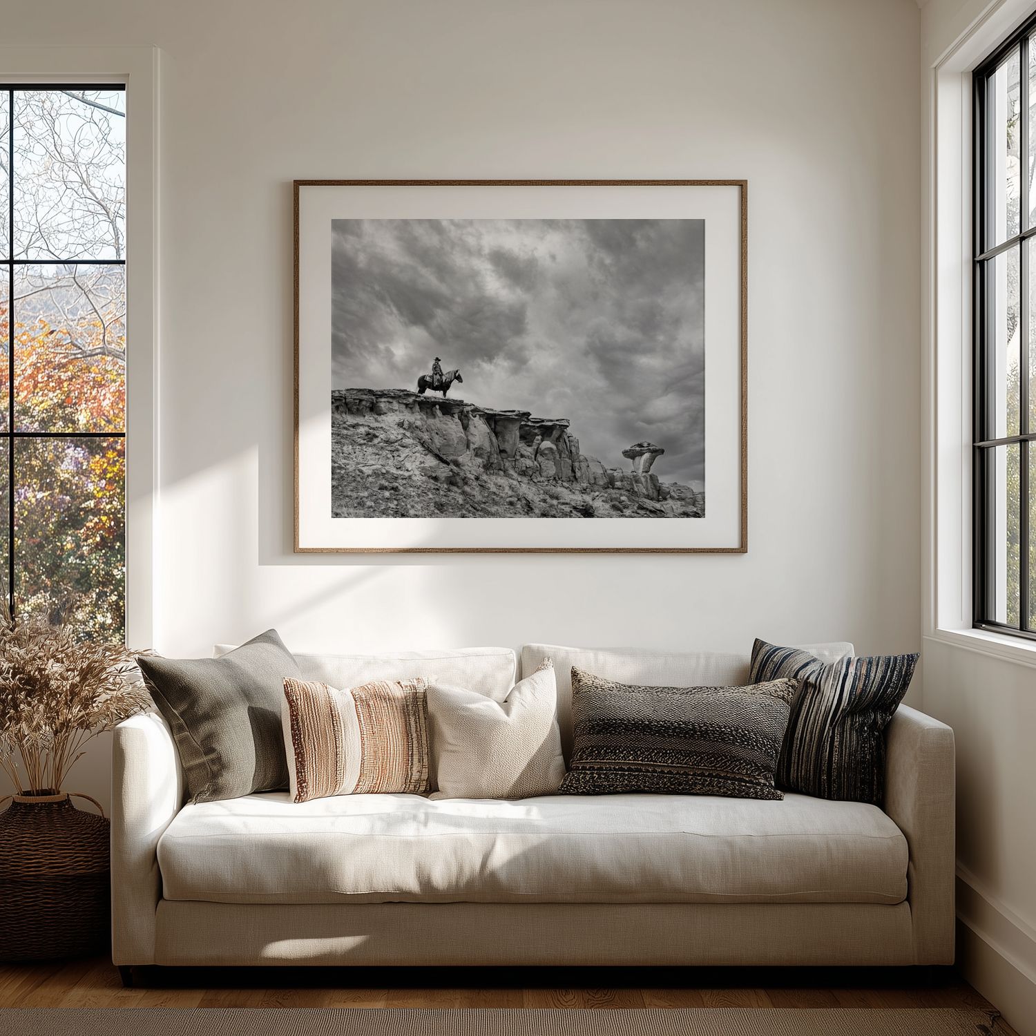 Modern minimalist living room with white sofa and black and white landscape photographs on white walls.
