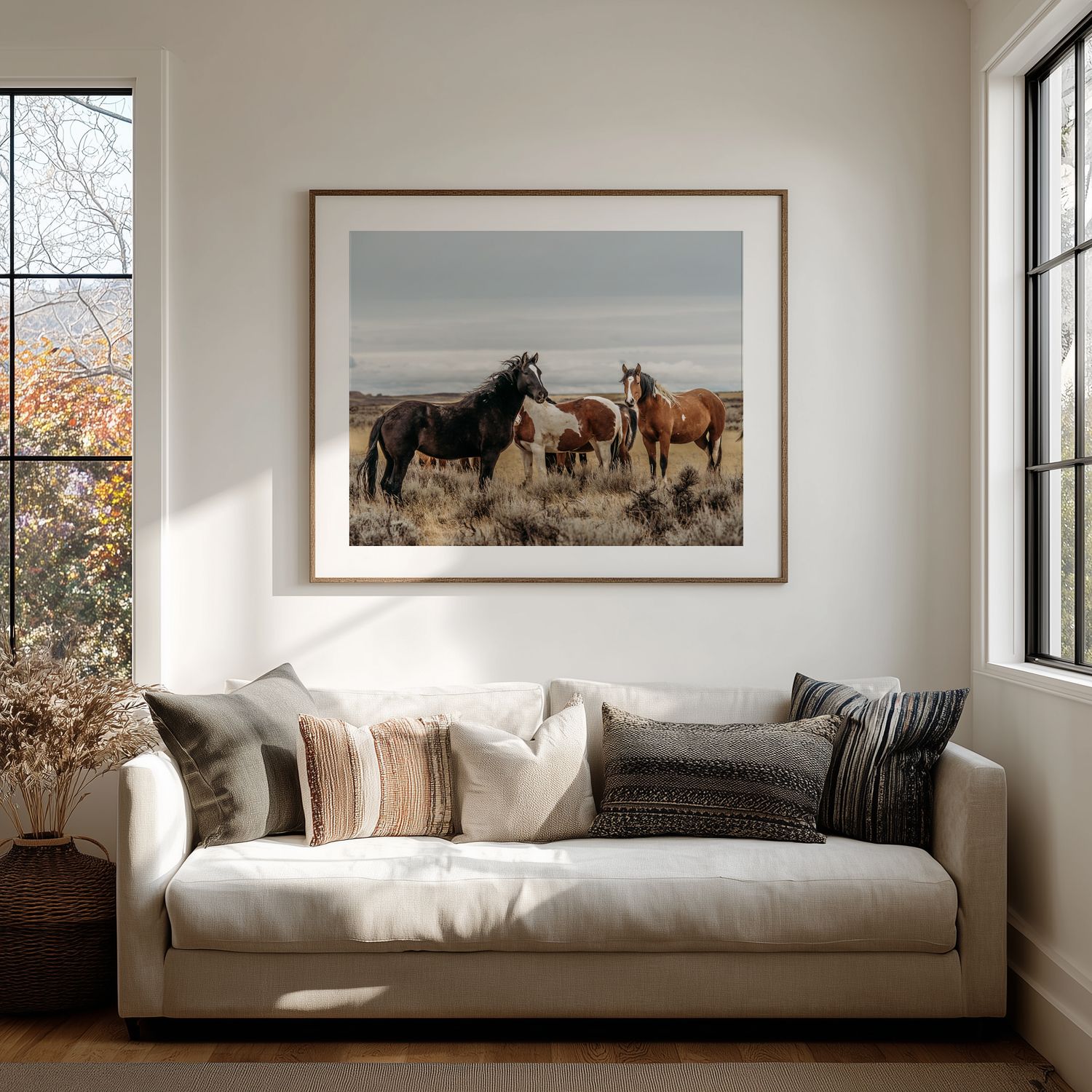 A minimalist living room features a long white sofa against white walls with large windows and framed artwork.