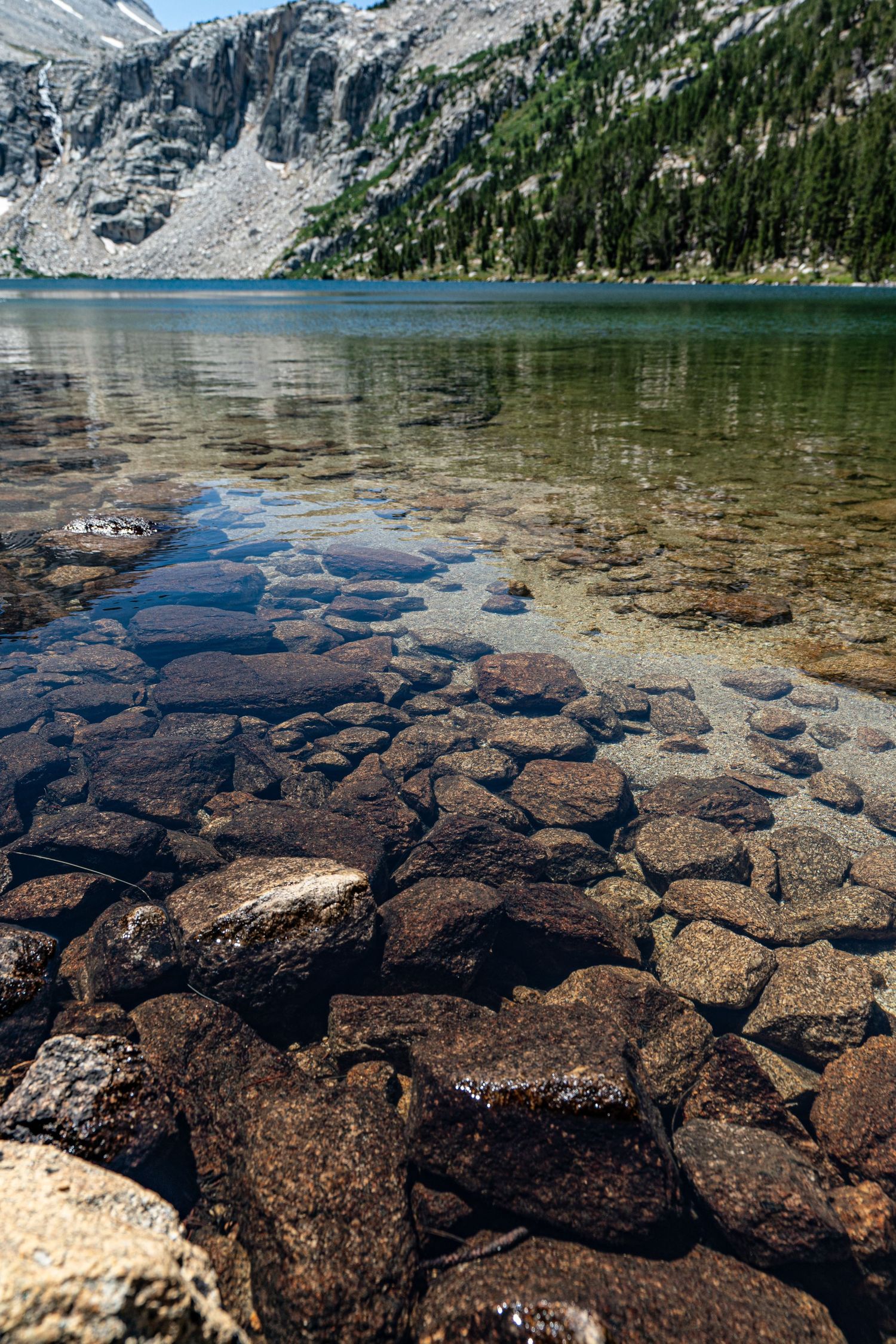 Submerged rocks visible through crystal clear mountain lake water with peaks in background.
