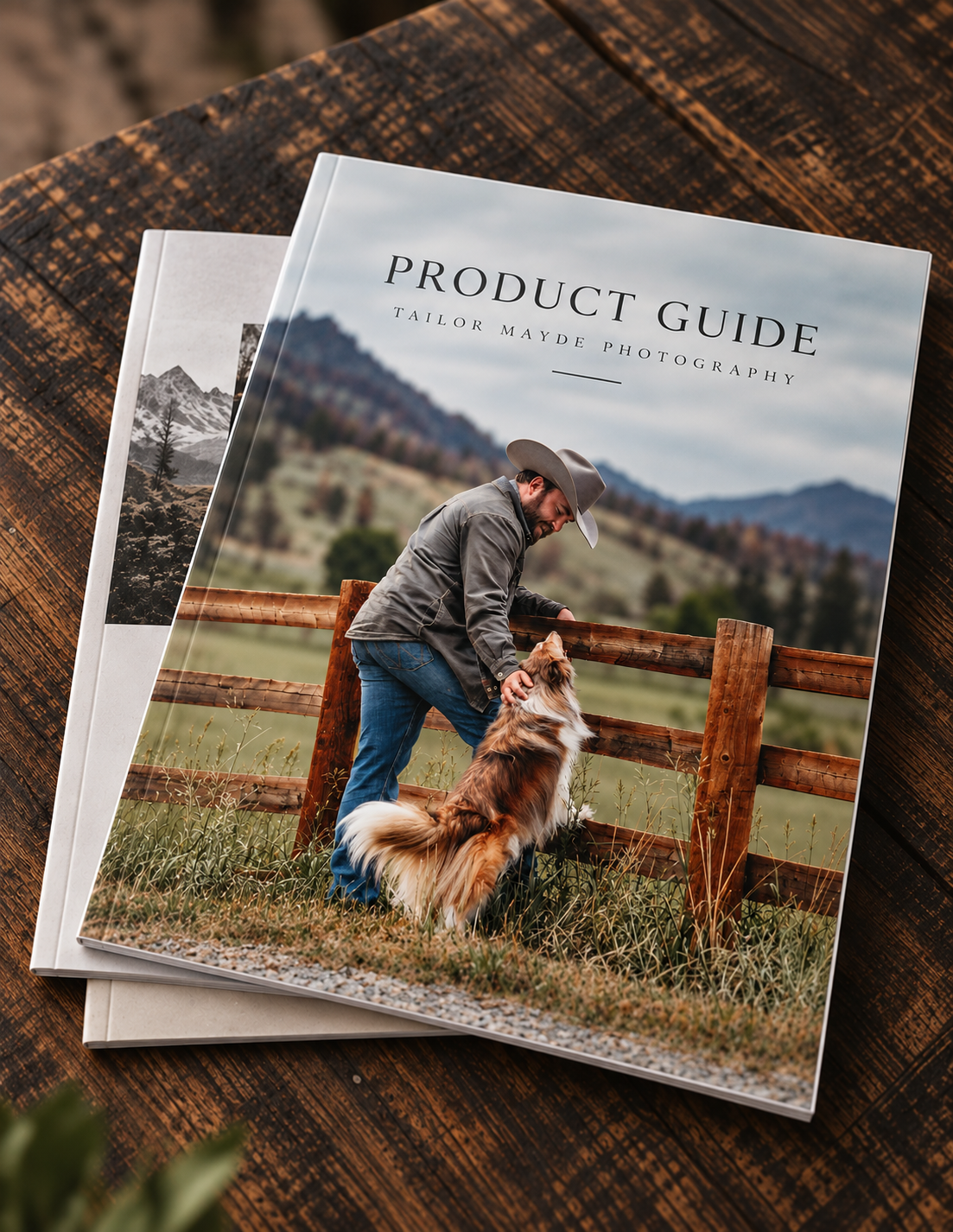 Two product guide booklets for Tailor Mayde Photography featuring a cowboy petting a Sheltie dog by a wooden fence.