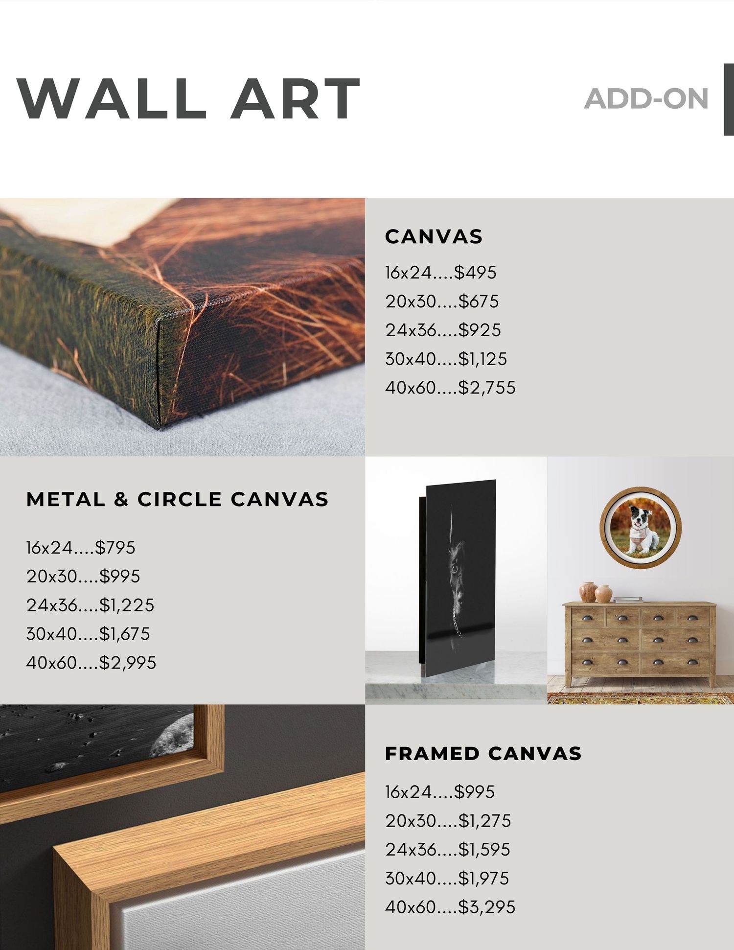 Wall art pricing and size guide showing canvas and metal print options with dimensions and costs on a clean layout.