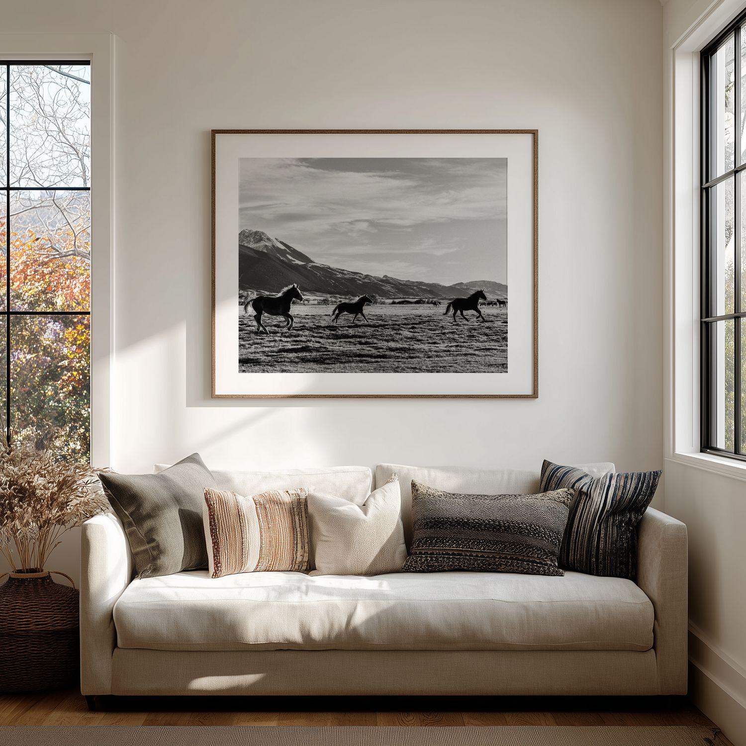 A modern living room with a white couch and black and white horse photography on display against neutral walls.
