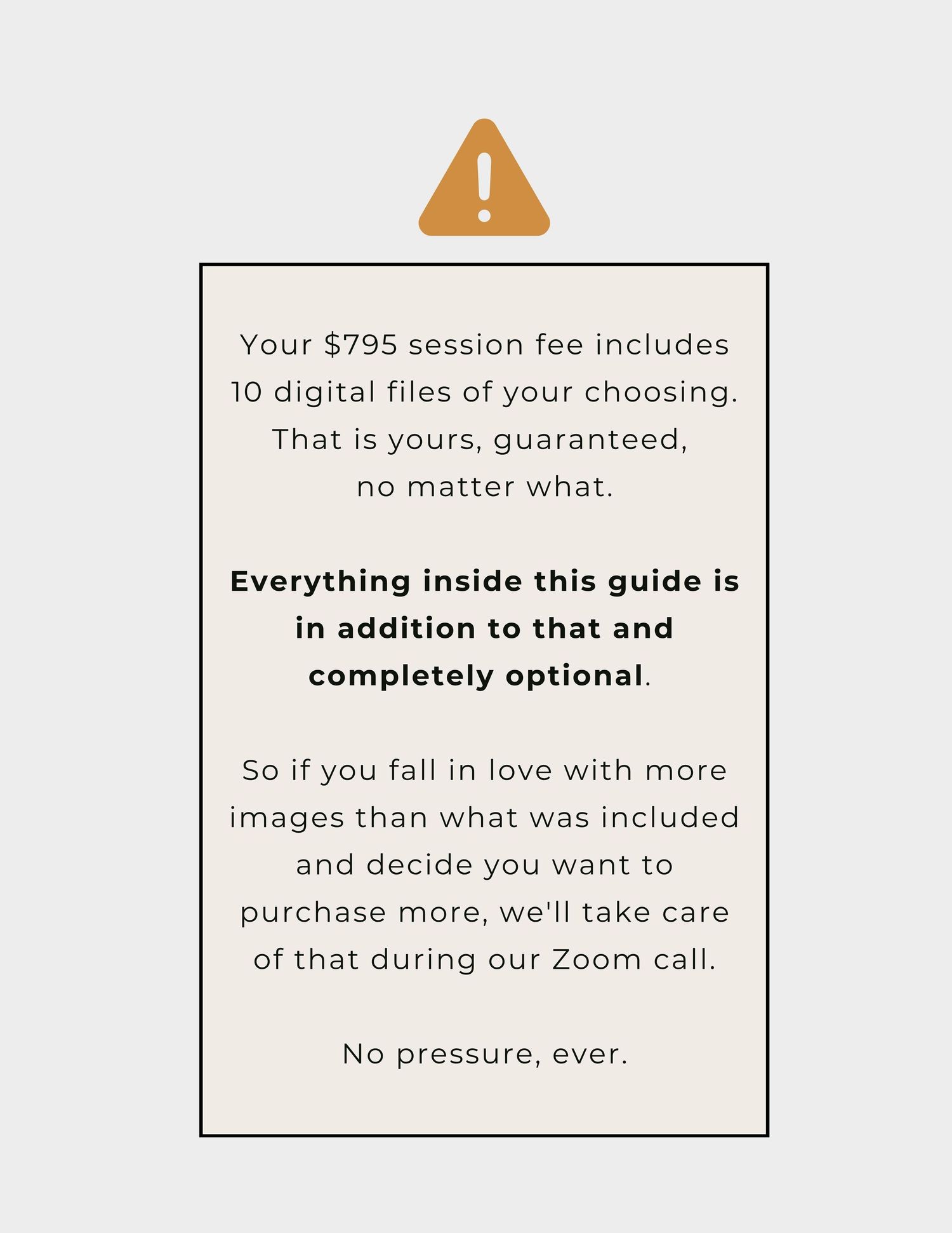 Three text boxes displaying pricing and session information with details about digital files and optional purchases.