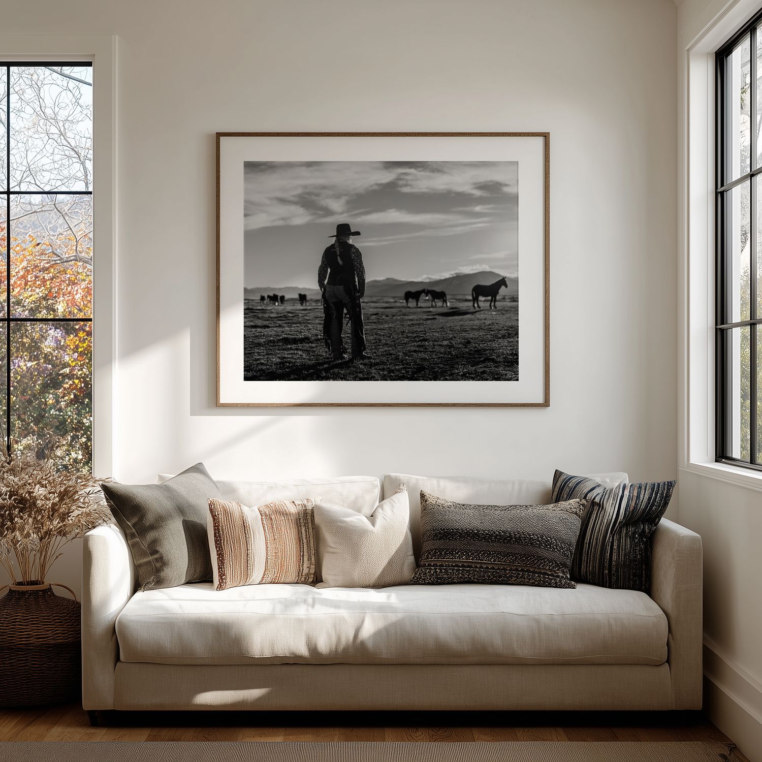 Panoramic black and white photograph displayed in modern living room with white walls and plush daybed seating.