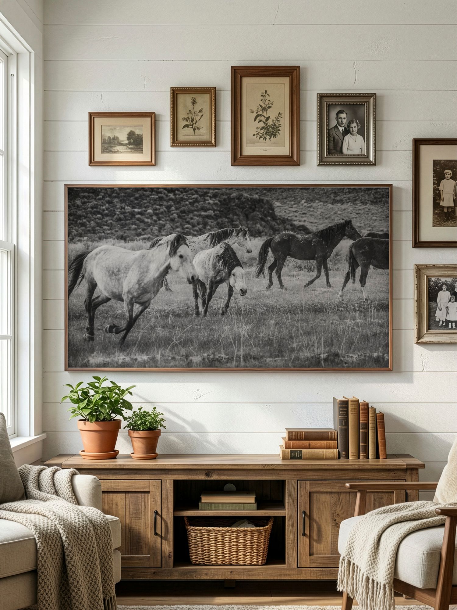 Black and white panoramic horse photography displayed in rustic living room with shiplap walls and wooden furniture.