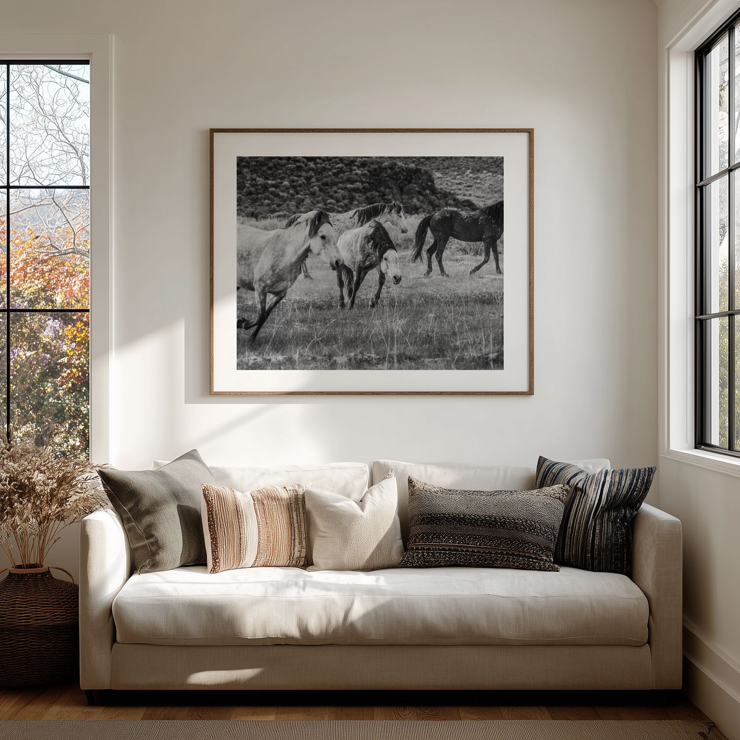 Modern living room interior with black and white horse photography and minimalist white sofa against bright windows.