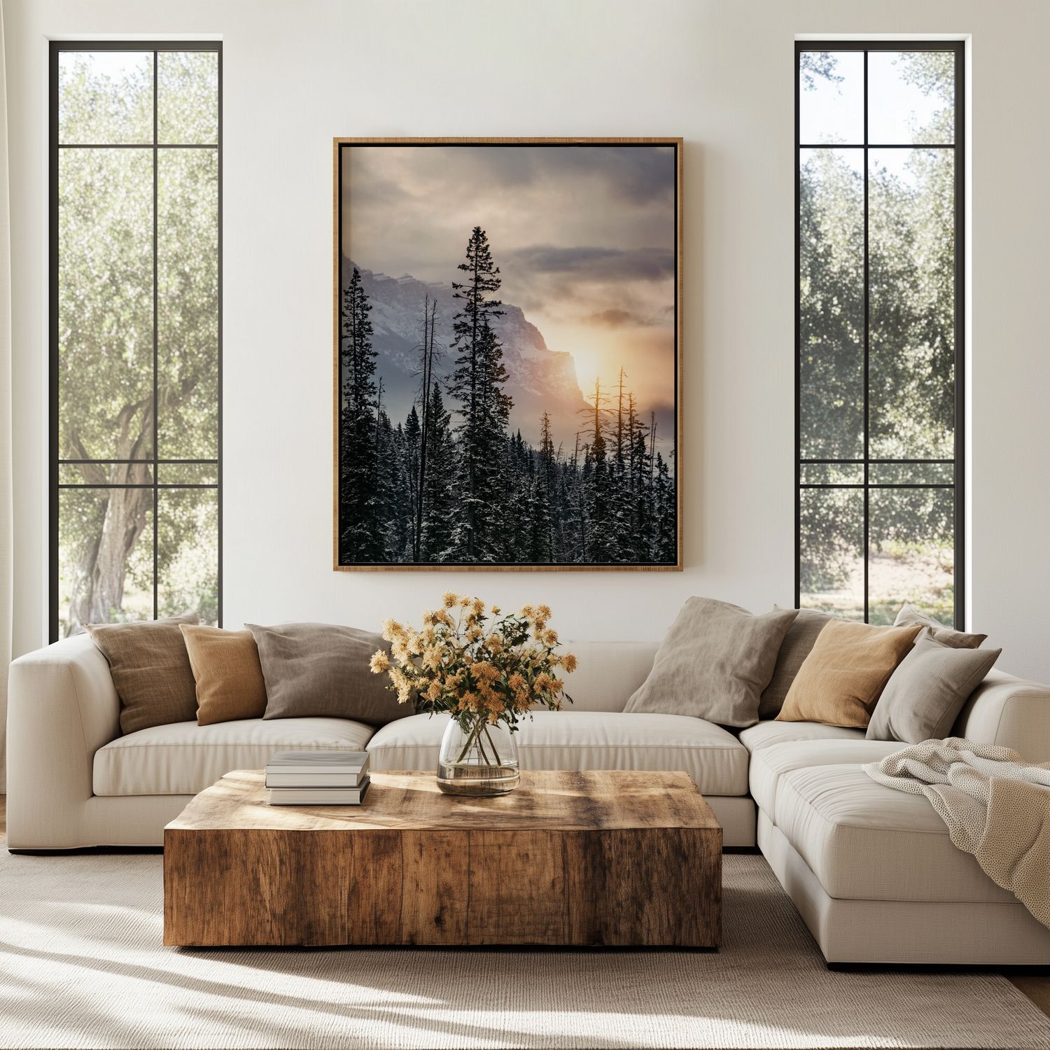 Modern living room with white sectional sofa, rustic wood coffee table, and nature-inspired wall art featuring forest scenes.