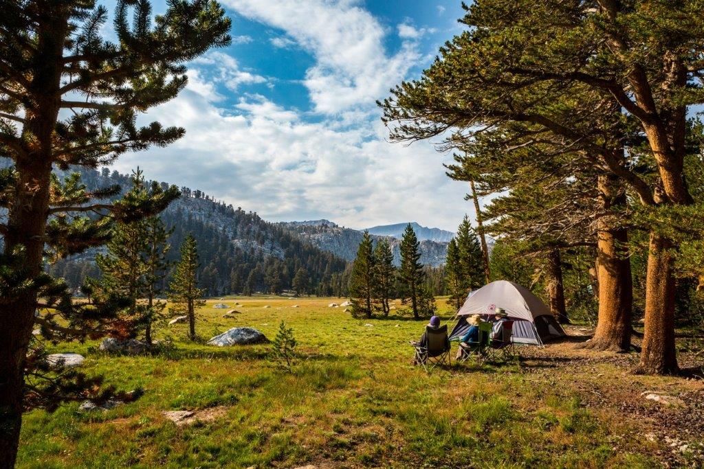 Camping tent set up in a mountain clearing surrounded by pine trees and distant peaks.