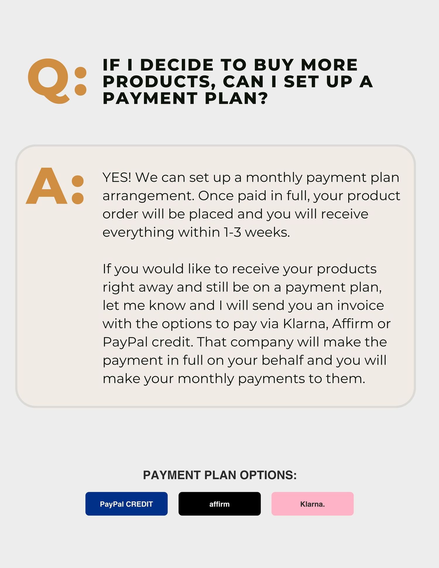 FAQ section showing payment plan options with PayPal Credit, Affirm, and Afterpay logos for online purchases.
