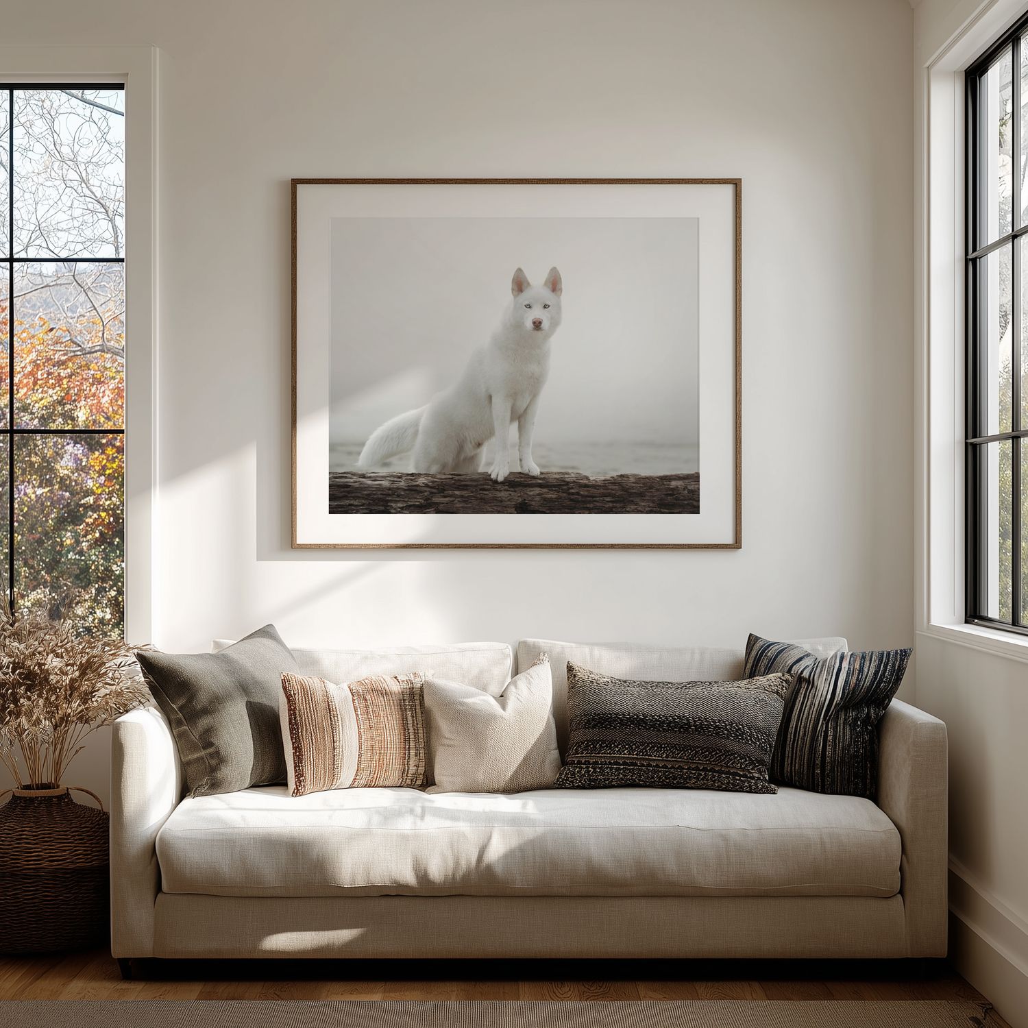 A white dog lounges on a modern sofa near large windows in a minimalist interior setting.