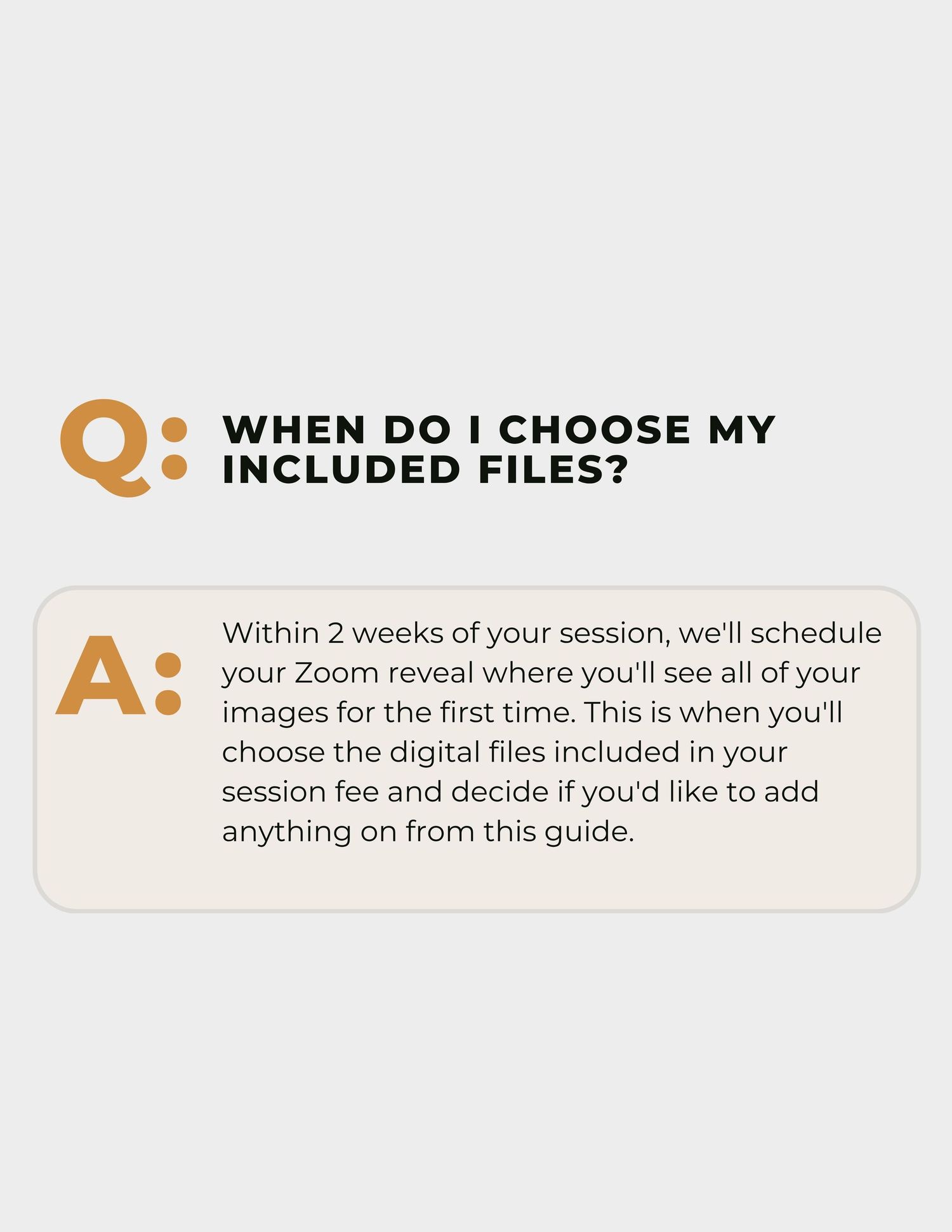 Question and answer section showing text about when to choose files and what files are included in orange and gray design.