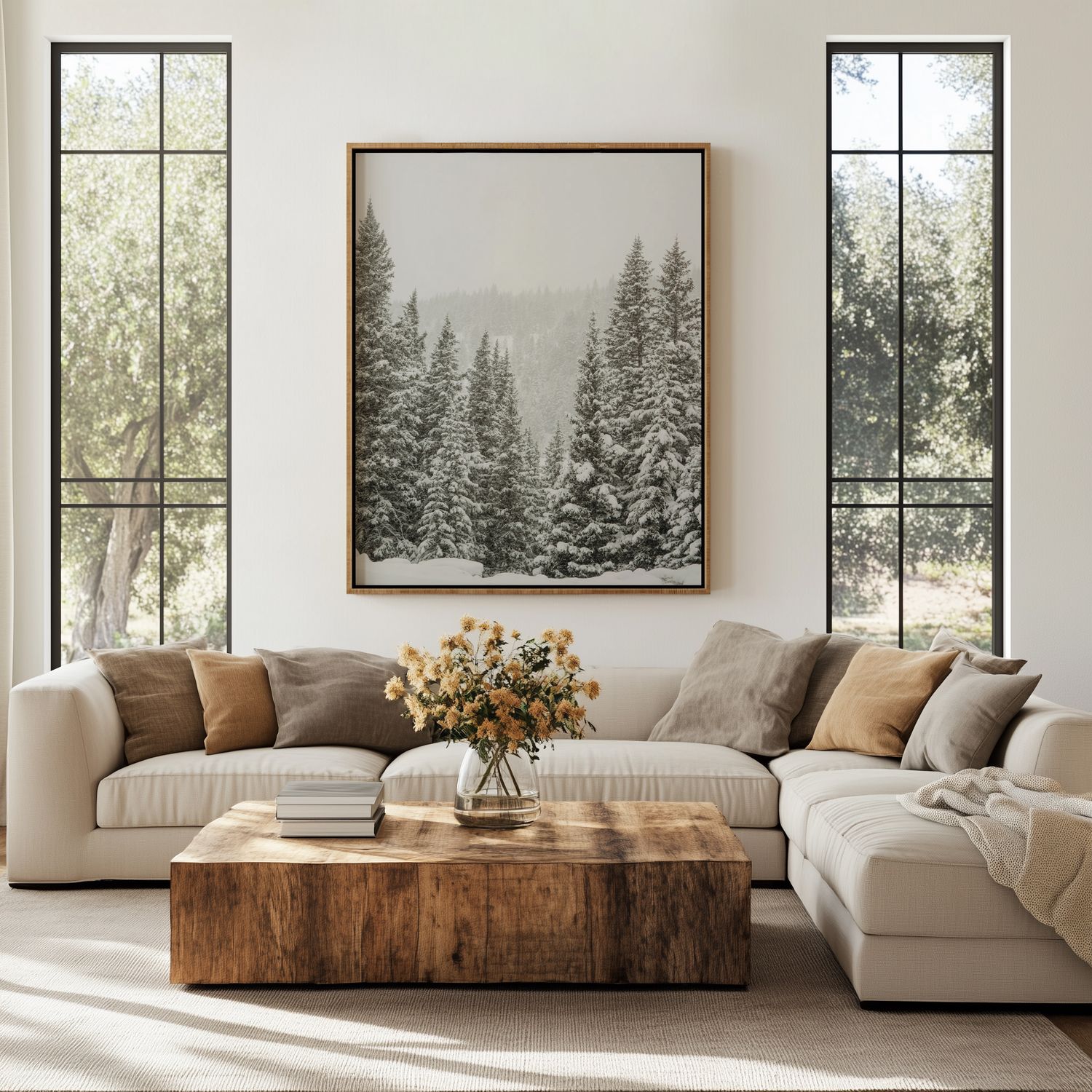 Contemporary living space with white sectional, wooden table, and winter forest artwork creating a cozy atmosphere.