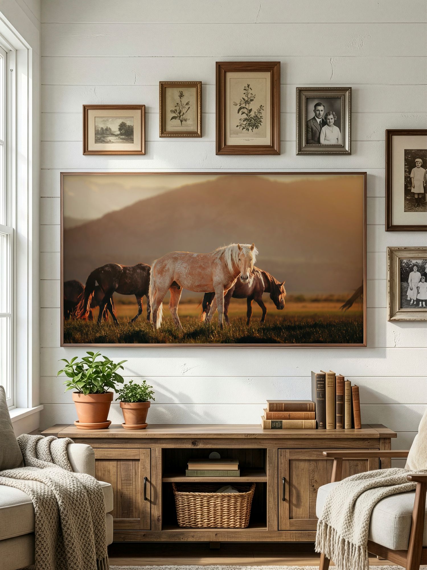 A panoramic gallery wall displays horse photography above rustic wooden furniture in a cozy neutral-toned living room.