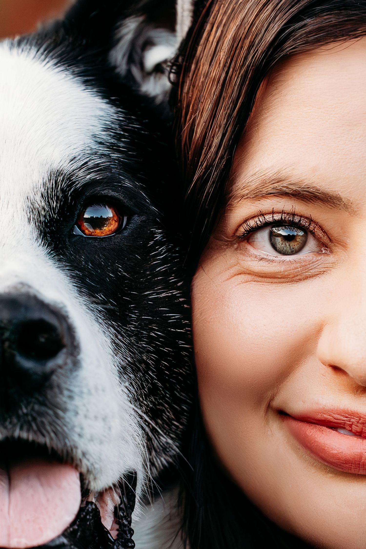 An artistic close-up portrait showing half a dog's face and someone's smile.