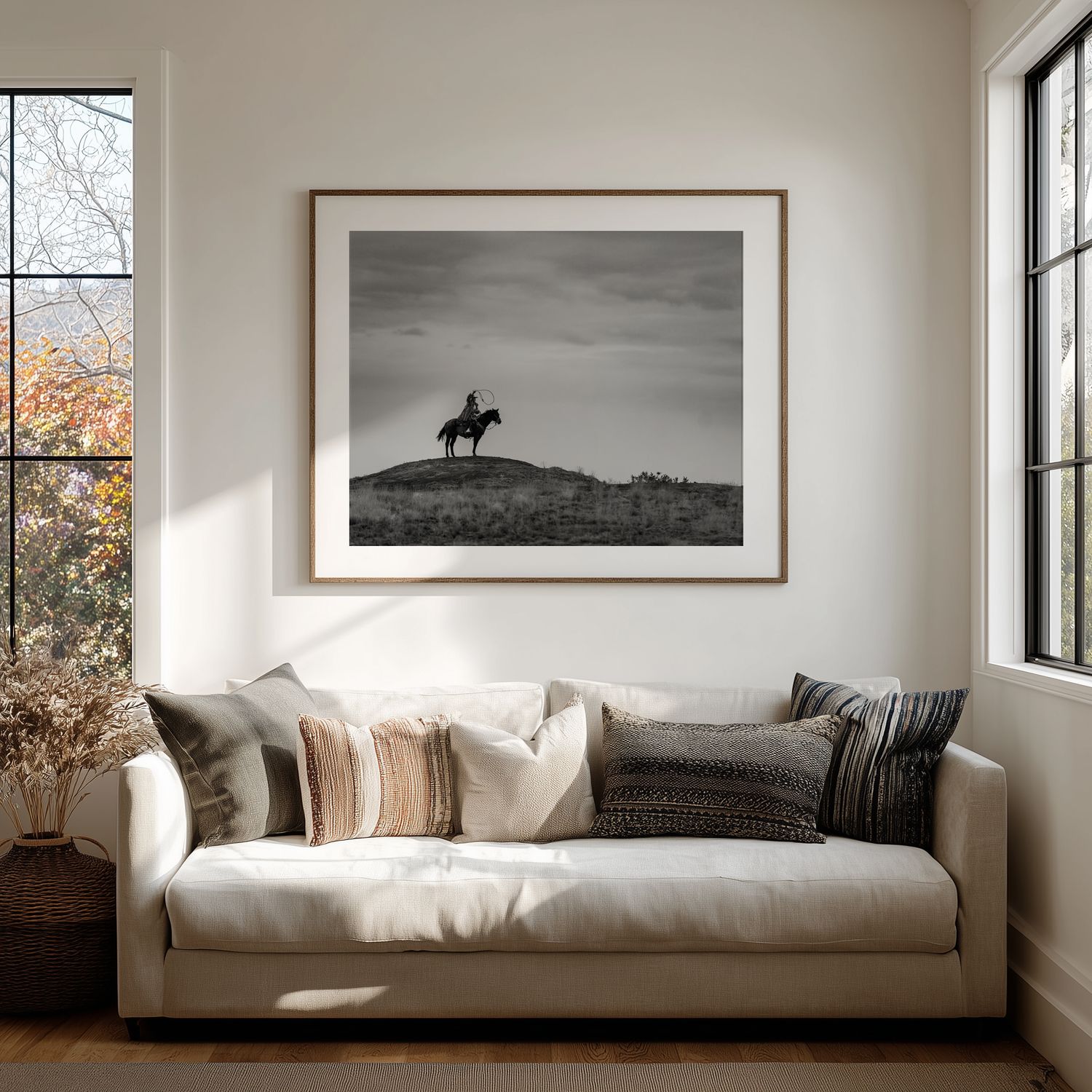 A black and white photograph showing a lone horse rider silhouetted on a hilltop hangs above a modern sofa.