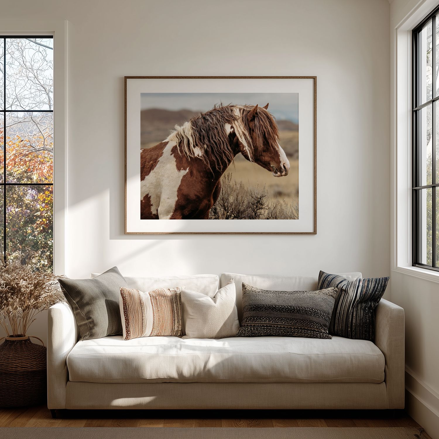 Panoramic series of a brown horse lounging on a white sofa in a bright modern living room with large windows.