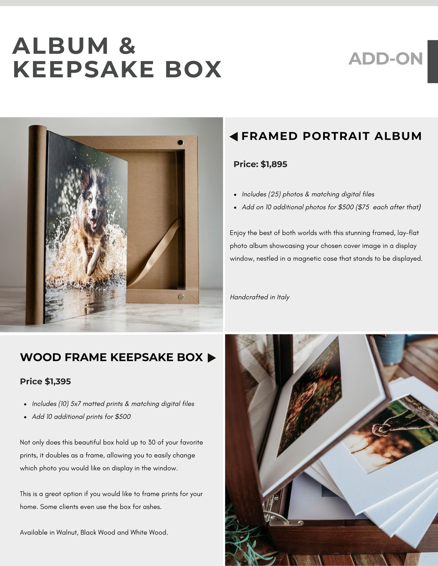 Product showcase displaying a framed portrait album and wooden keepsake box with pricing and add-on options.
