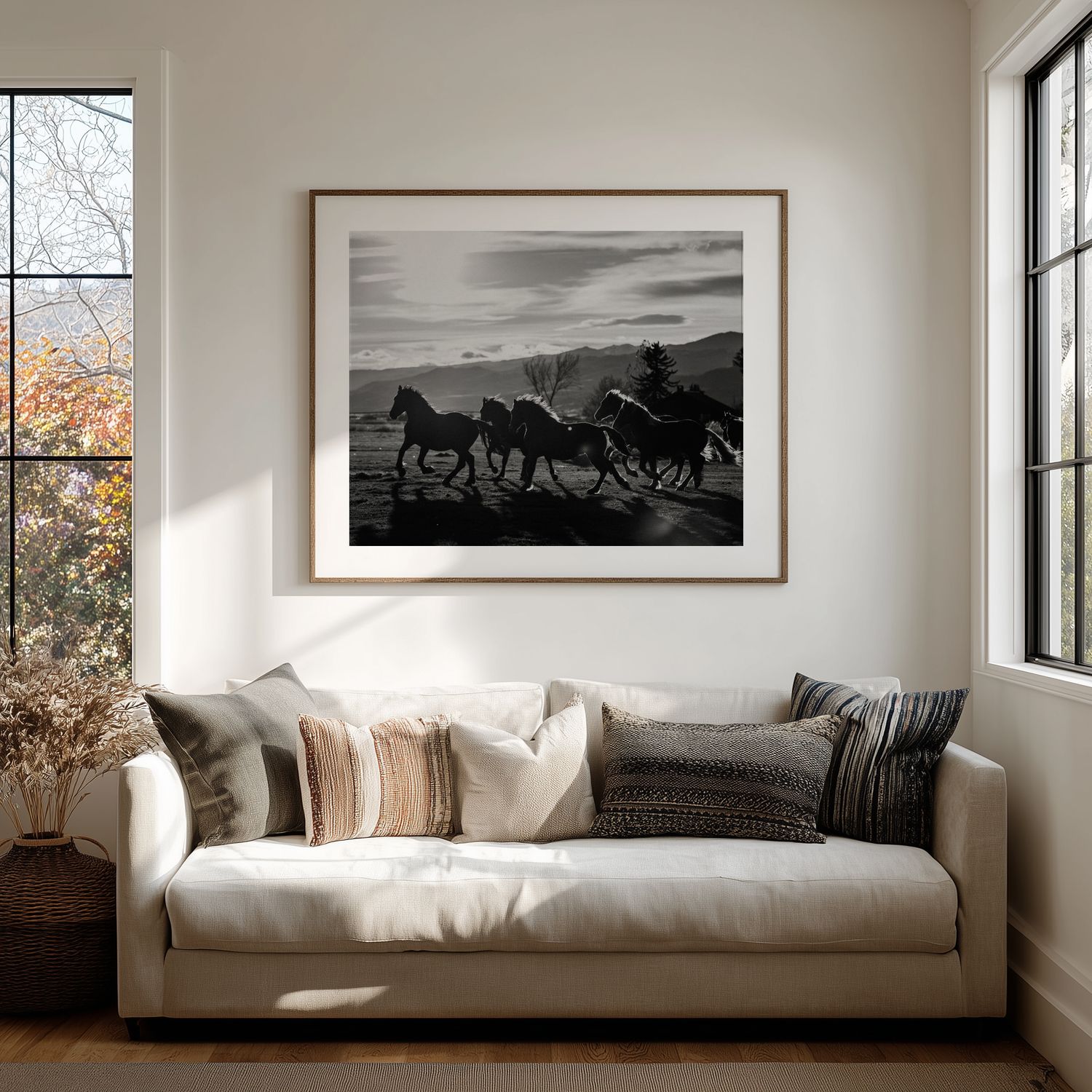 Black and white photograph of wild horses running in silhouette against mountains hangs above modern beige sofa in sunlit room.
