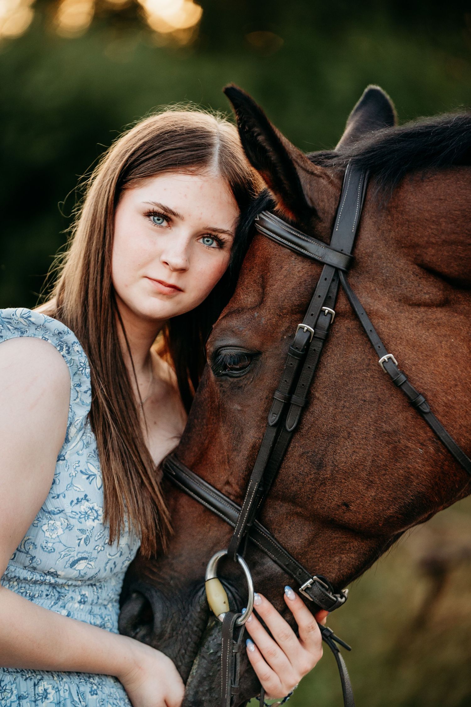 Close-up shots of a dark brown horse with bridle and someone wearing a light blue dress.