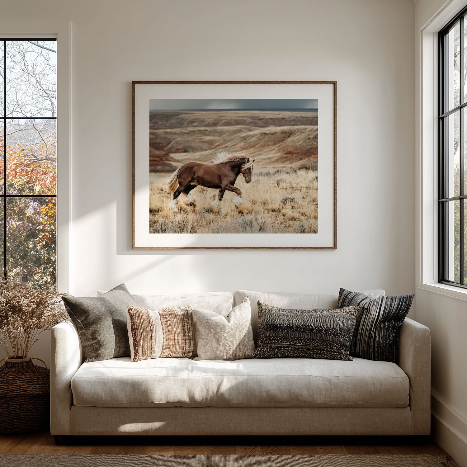 A framed photograph of a wild horse running through a golden prairie landscape hangs above a modern beige sofa.