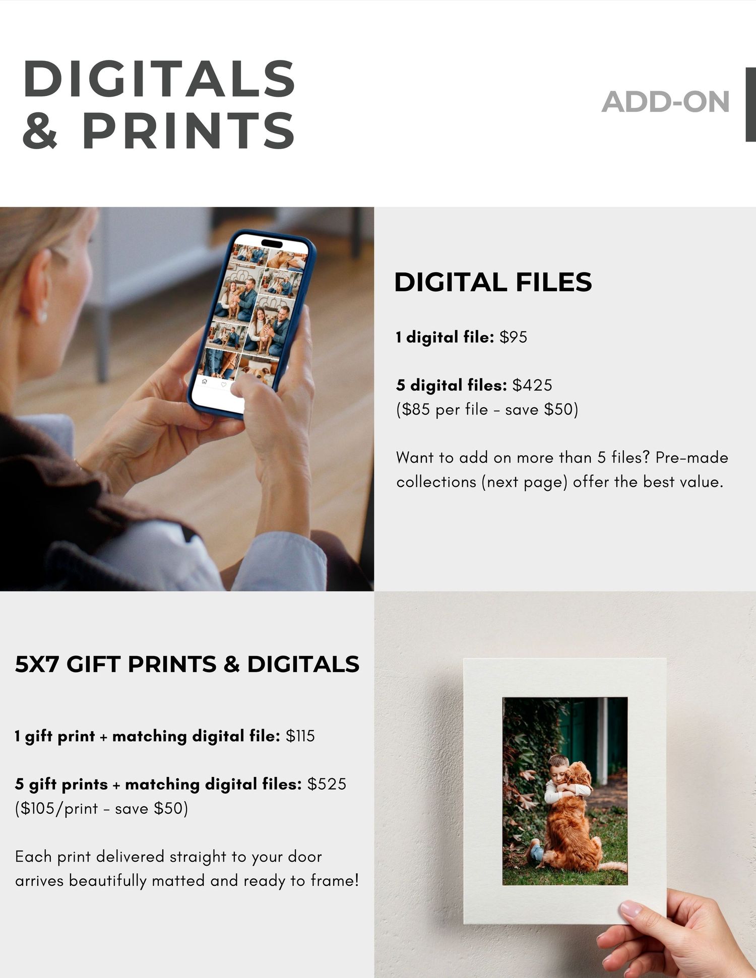 A photography pricing guide displays digital files and print packages with sample images and pricing details.