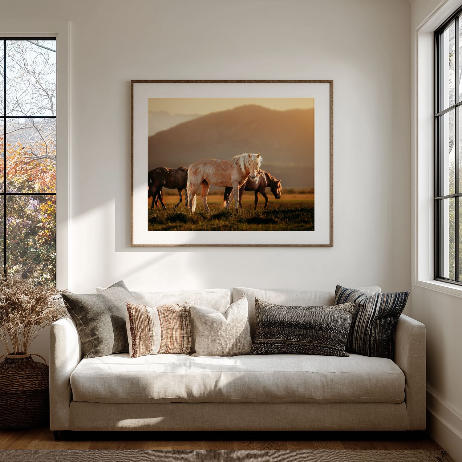 Modern living room interior with panoramic windows, framed landscape art, and comfortable seating in neutral tones.