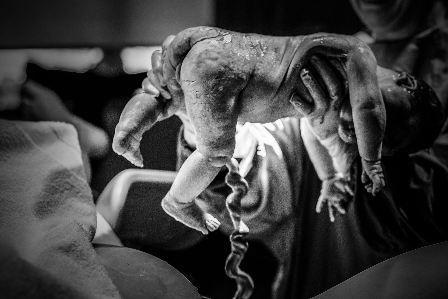 A black and white photo of a tiny newborn baby being held in someone's hands.