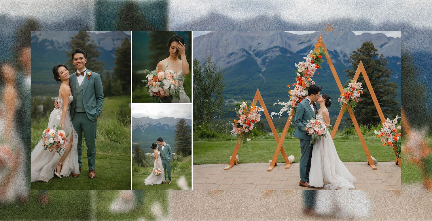 Elegant wedding couple embraces with majestic Rocky Mountains and evergreen forest creating a stunning backdrop.